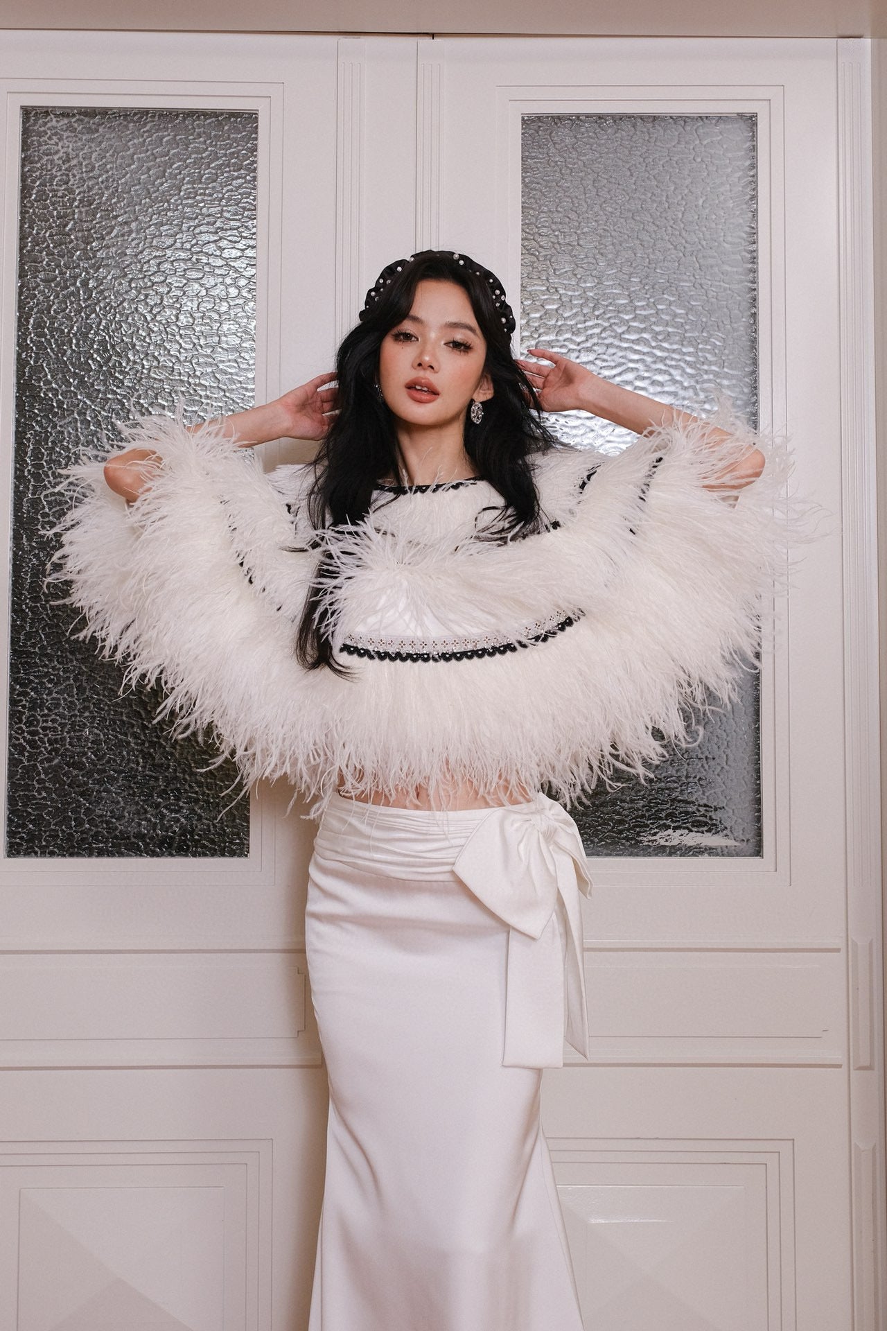 Maison Wester White Ostrich Fur Shawl Maxi Dress