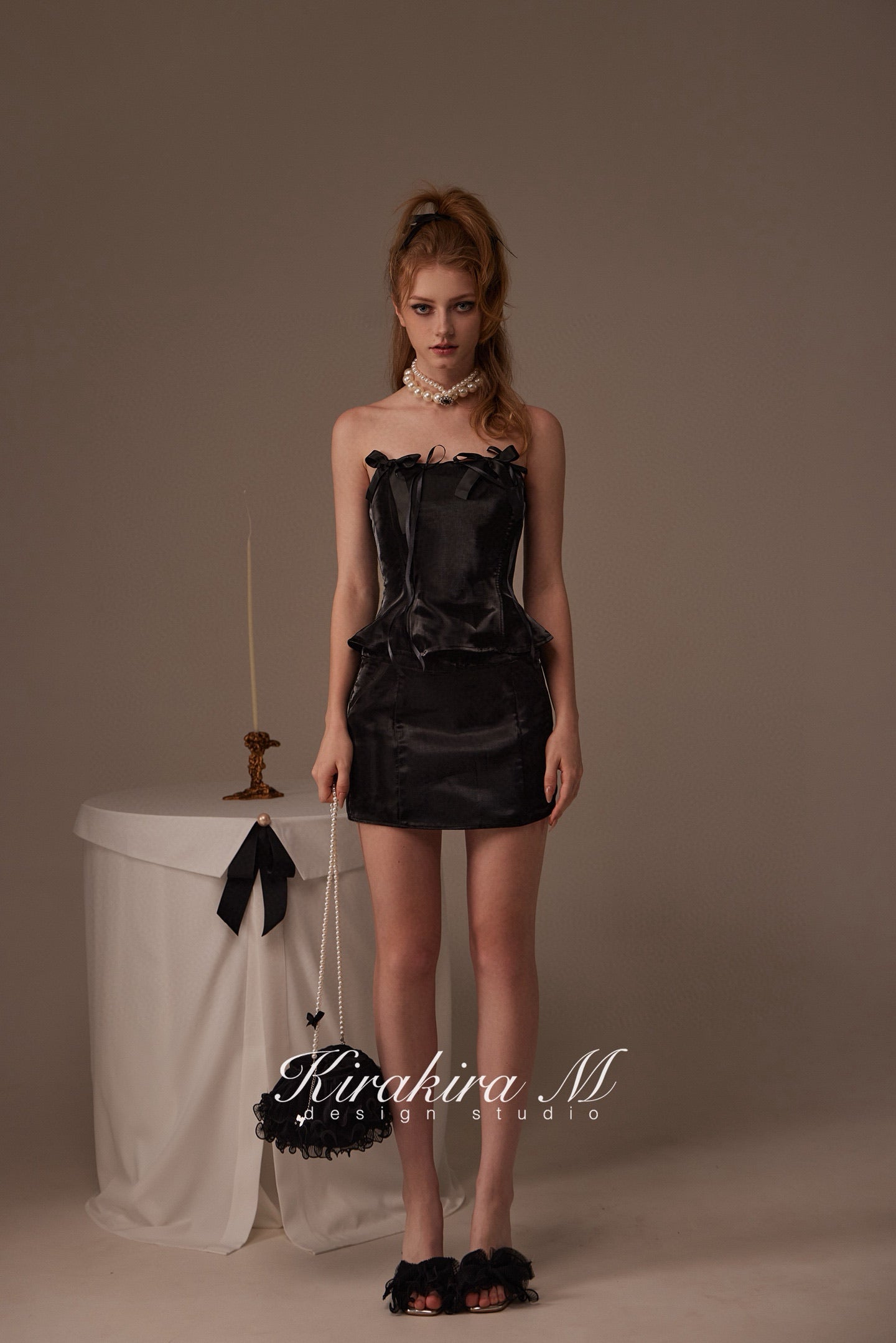 Kirakira M Black Glossy Bow Top & Low Waisted Wrap Hip Half Skirt