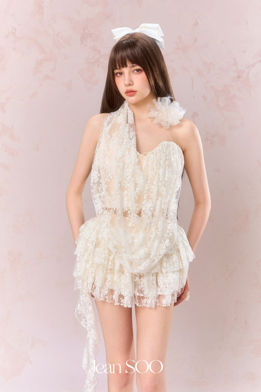 JEAN SOO Cream Neck-hanging Lace Irregular Top & Cake Skirt