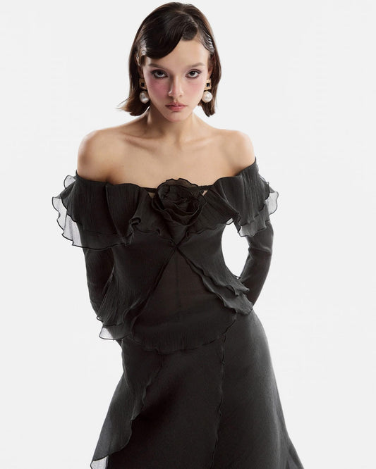 Musthave Black Flared Off Shoulder Top& Pleated Skirt