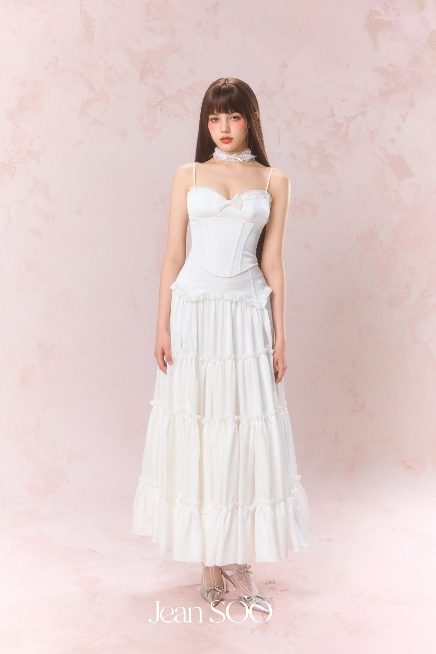 JEAN SOO White Lace Satin Fishbone Top & Split Skirt