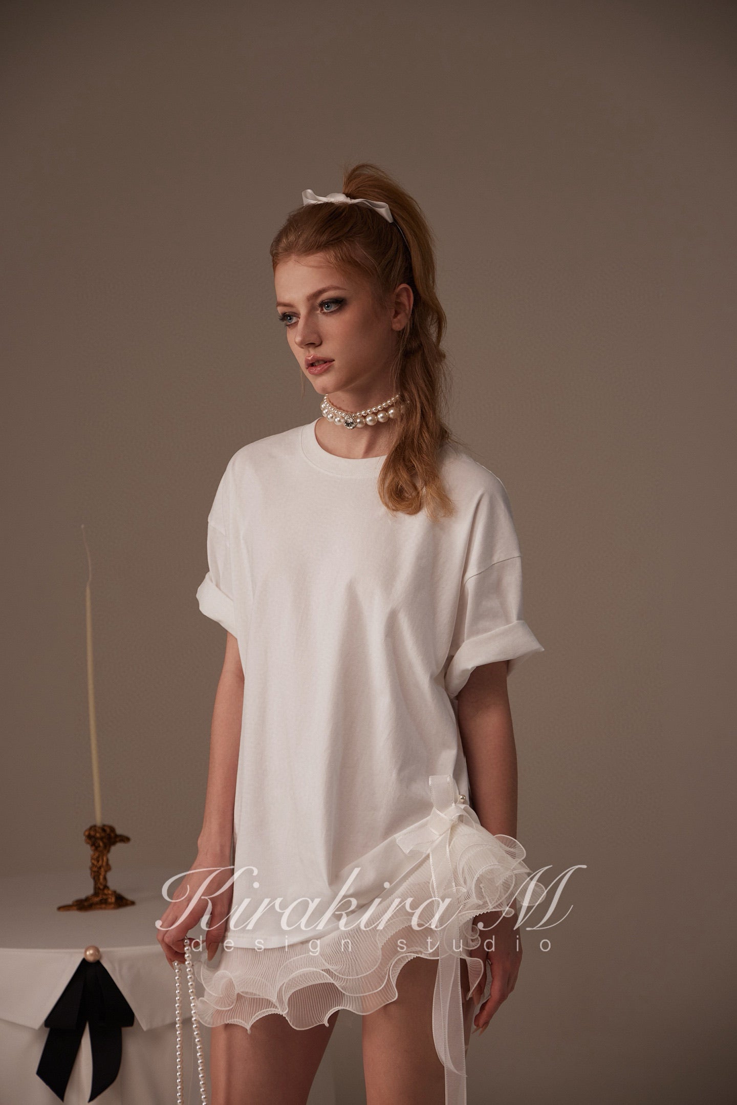 Kirakira M White & Black Bow Top& Lace Shorts& Lace Low Rise Pants