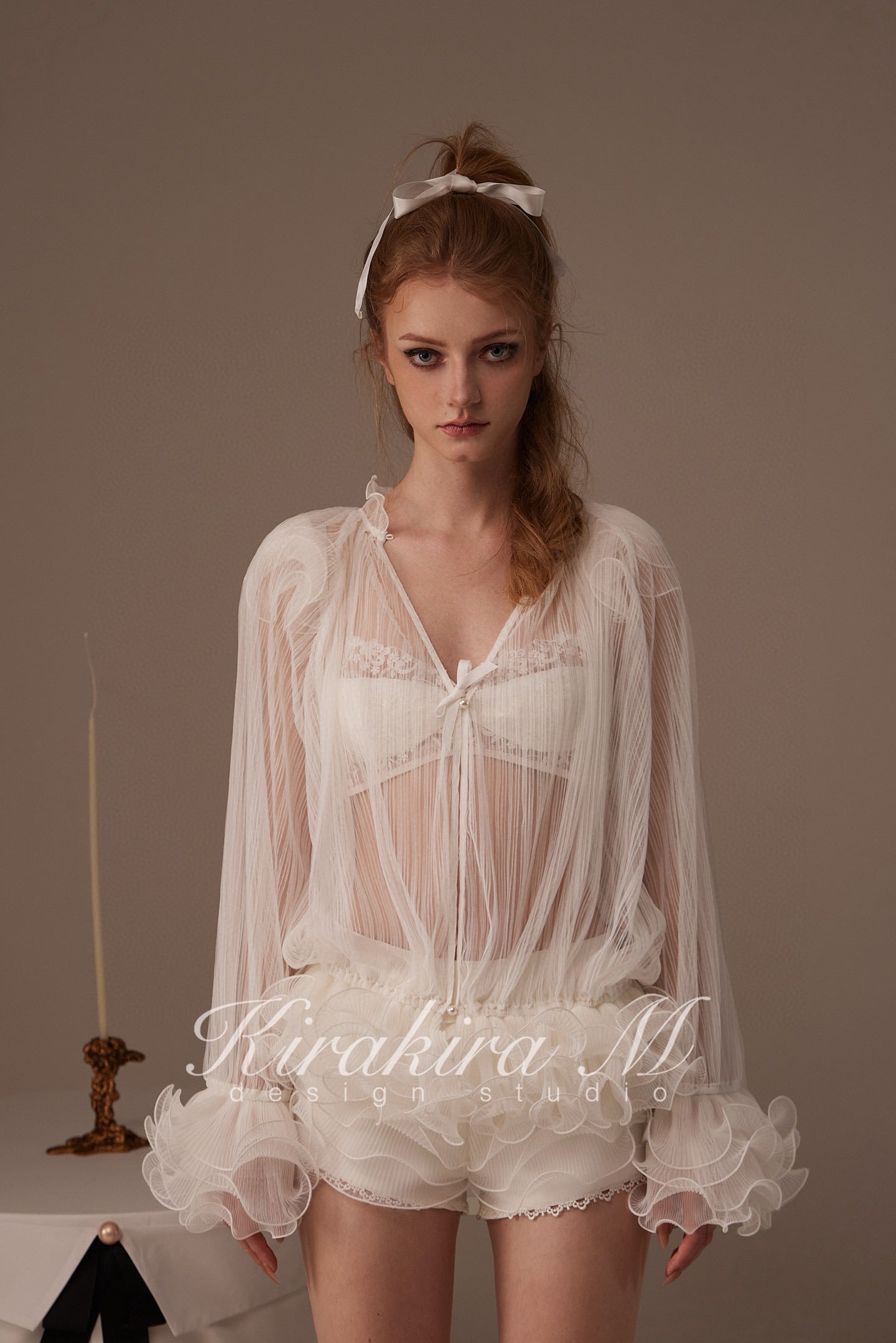 Kirakira M White Lace Blouse & Lace Low Rise Pants