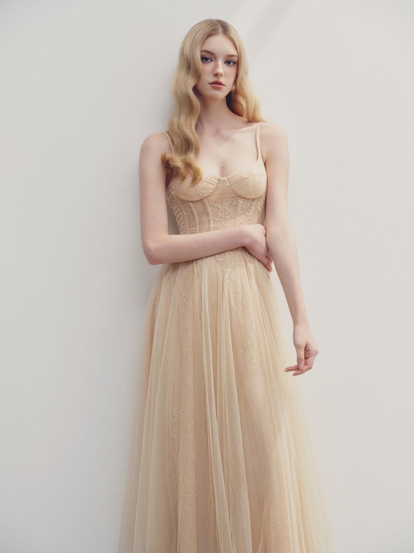 DELICIAE Cream Elegant Scarlet Maxi Dress