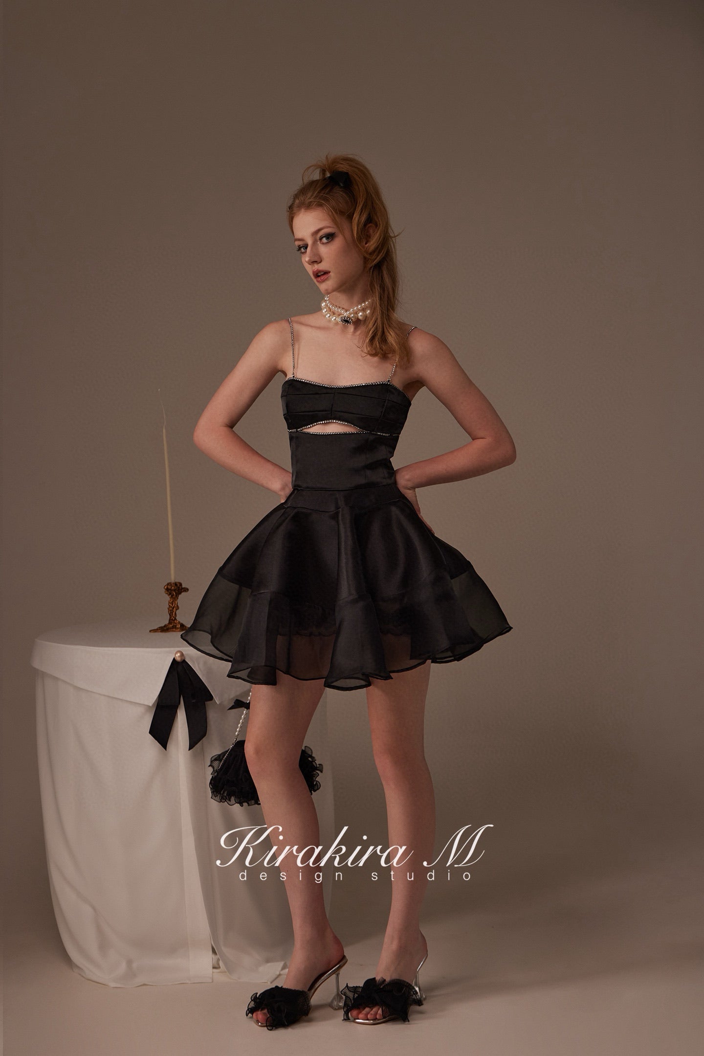 Kirakira M Black Rhinestone Hollow Out Top &Tulle Skirt