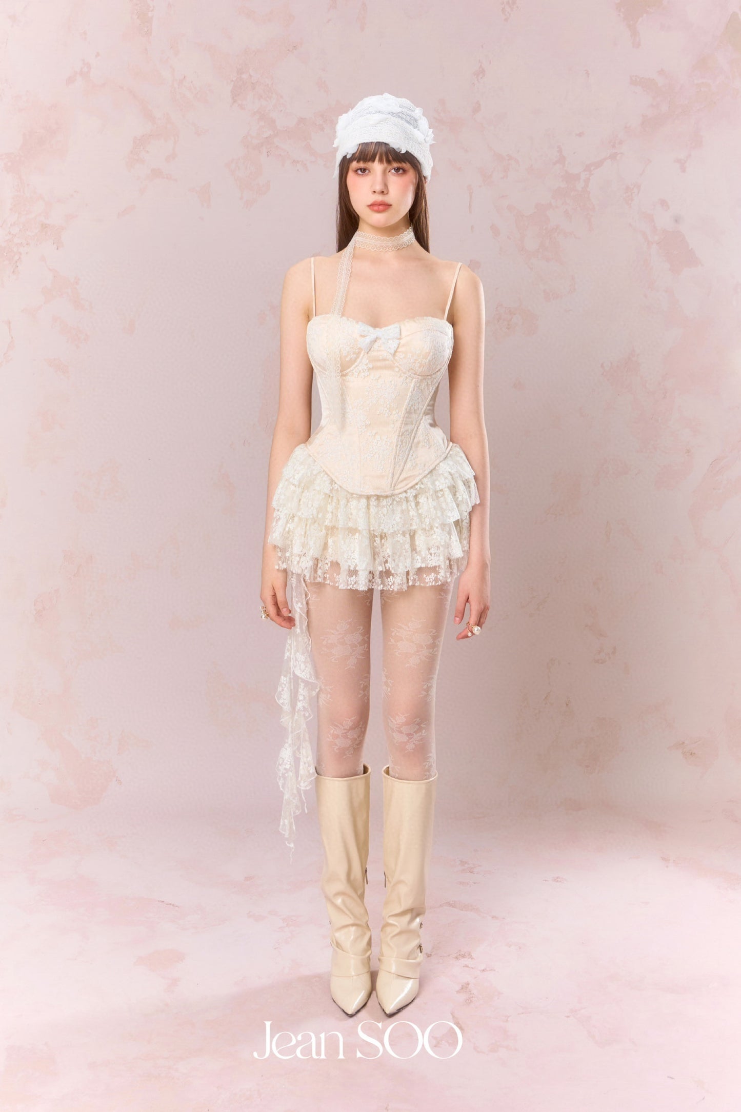 JEAN SOO Cream Lace Fishbone Top & Cake Mini Skirt