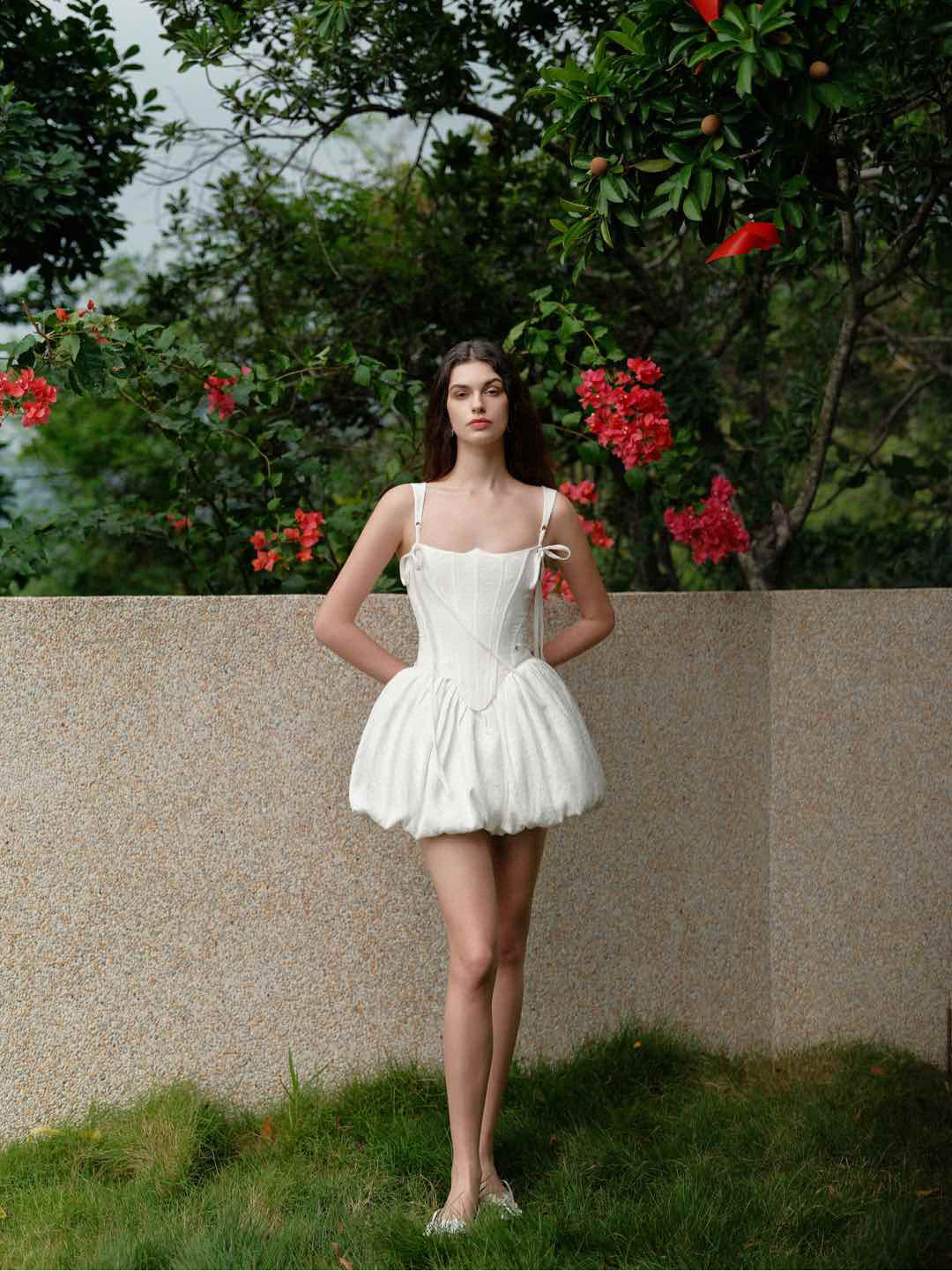 SHEERLUCK Pink& White Amari Fishbone Mini Dress