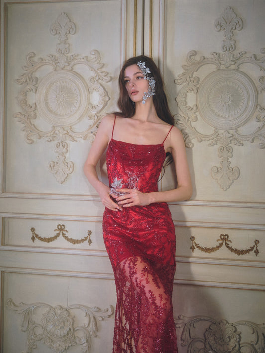 Chengchengling Red embroidered beaded Maxi Dress