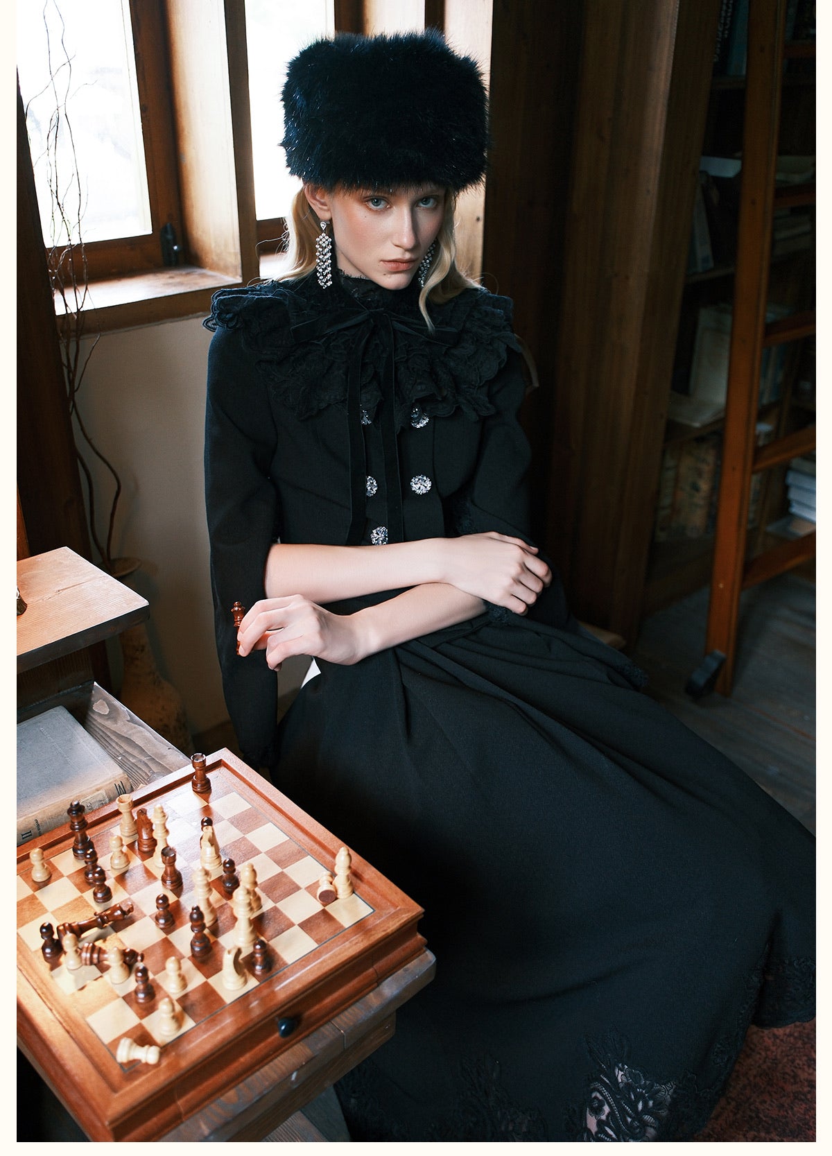 SHEERLUCK Black Mirage Vintage Stand Collar Lace & Diamond-embellished Jacket & Skirt