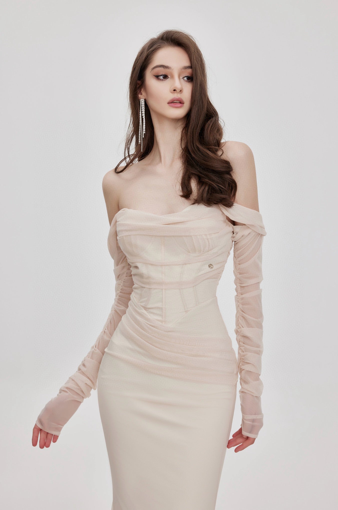 SHEERLUCK Nude & Black Fishtail maxi dress