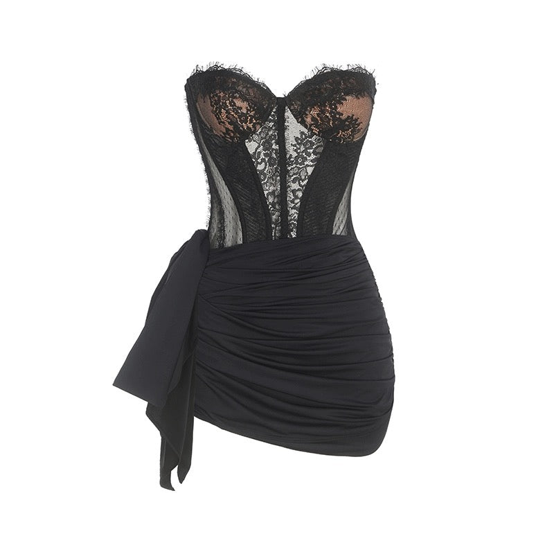 Nana Jacqueline Pink|Black Lace Bow Mini Dress
