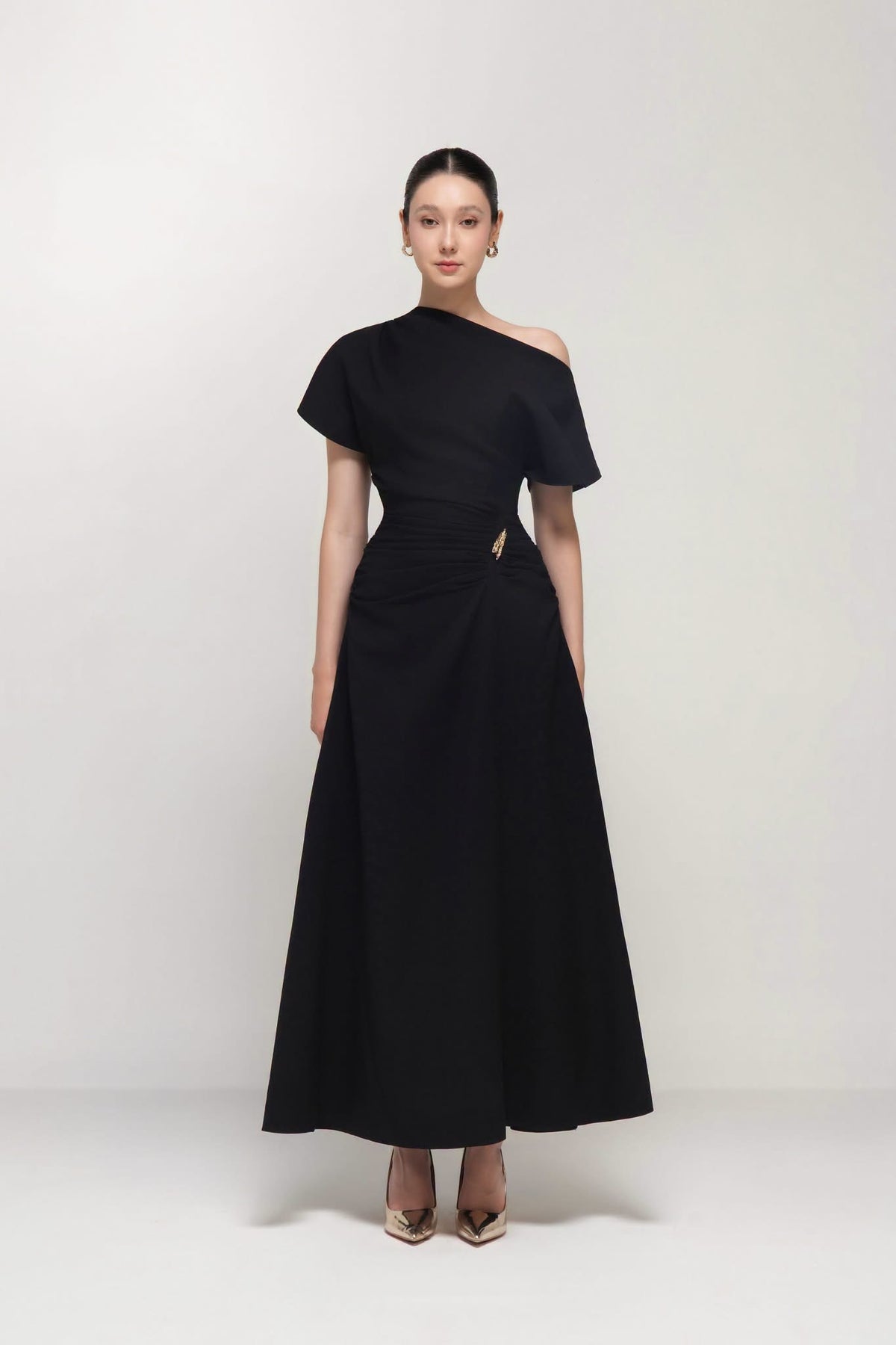 Black Priscilla Asymmetric Lycra Maxi Dress