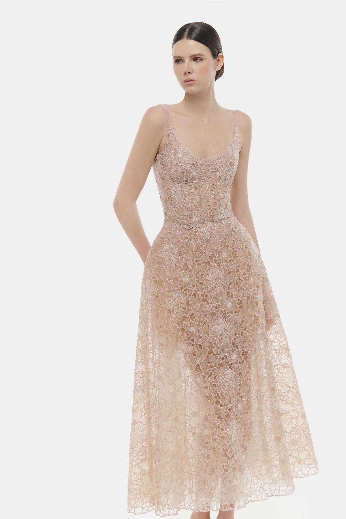 MONTSAND Nude Flower Lace Midi Dress