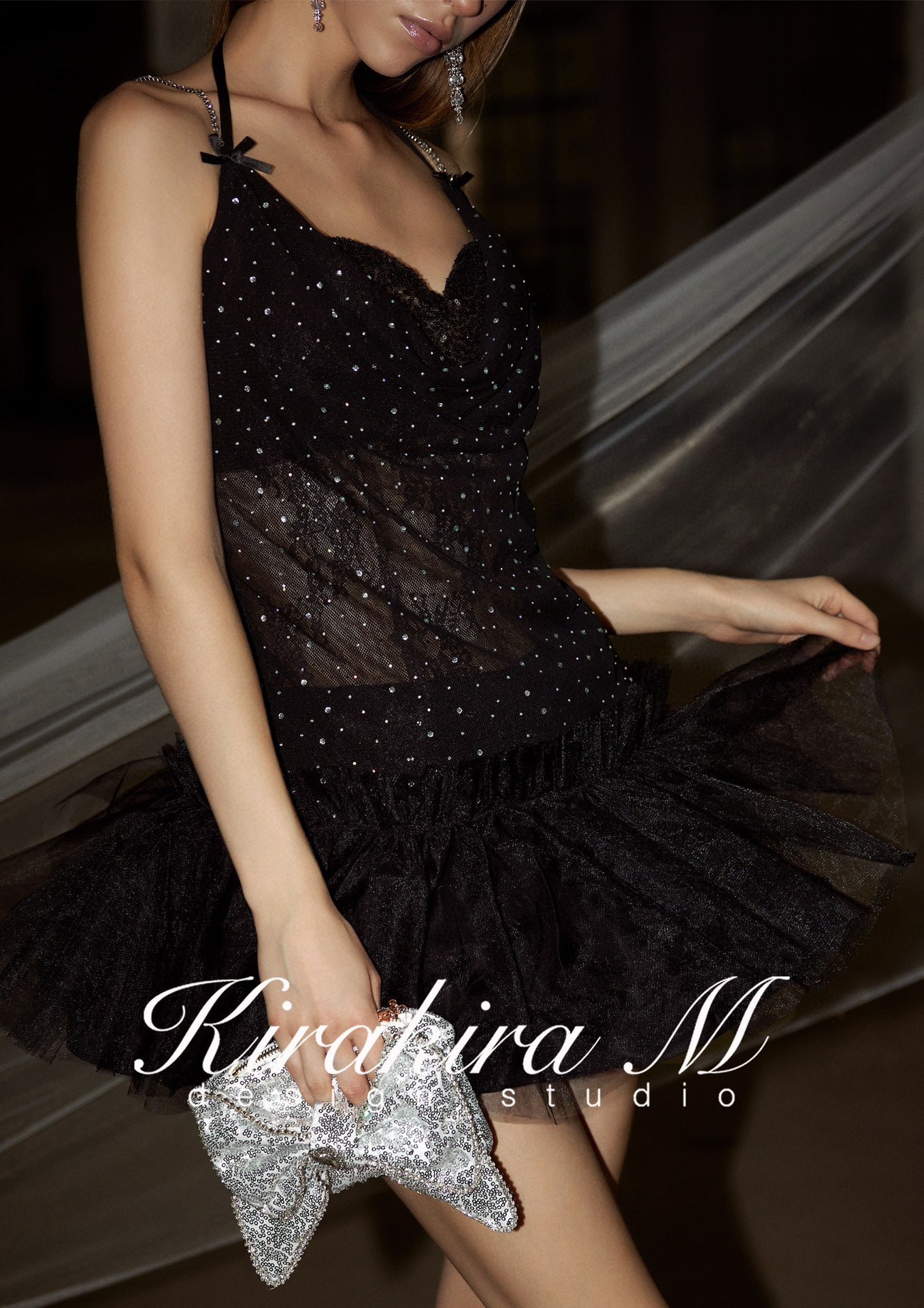 kirakira M Black Shiny Diamonds Full Star Swan mini Dress Pumpkin Pants
