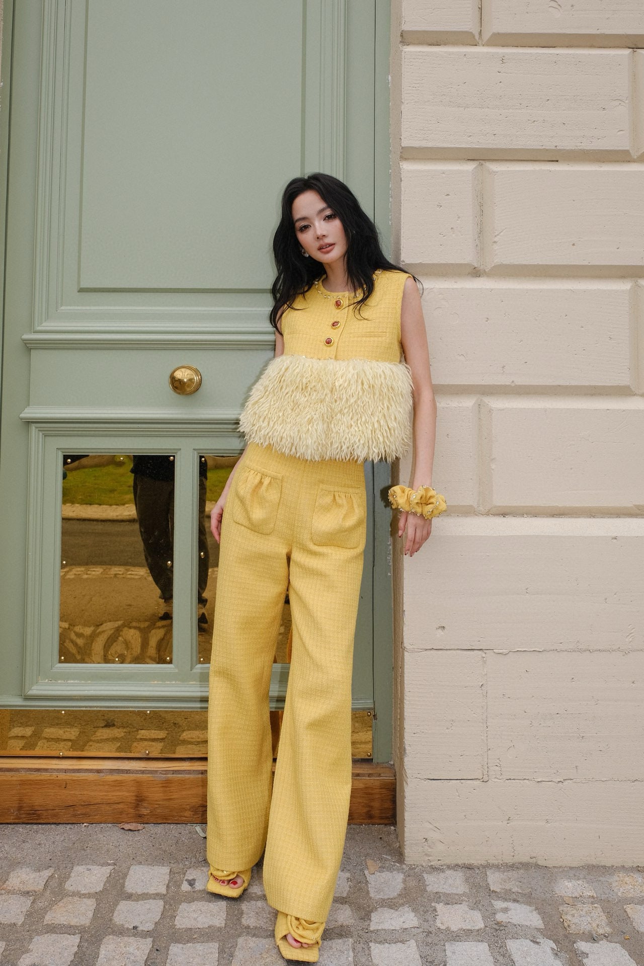 Maison Wester Yellow Tweed Feather Top Trousers