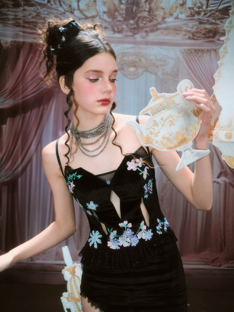 Chengchengling Black Lace Top and Mini skirt