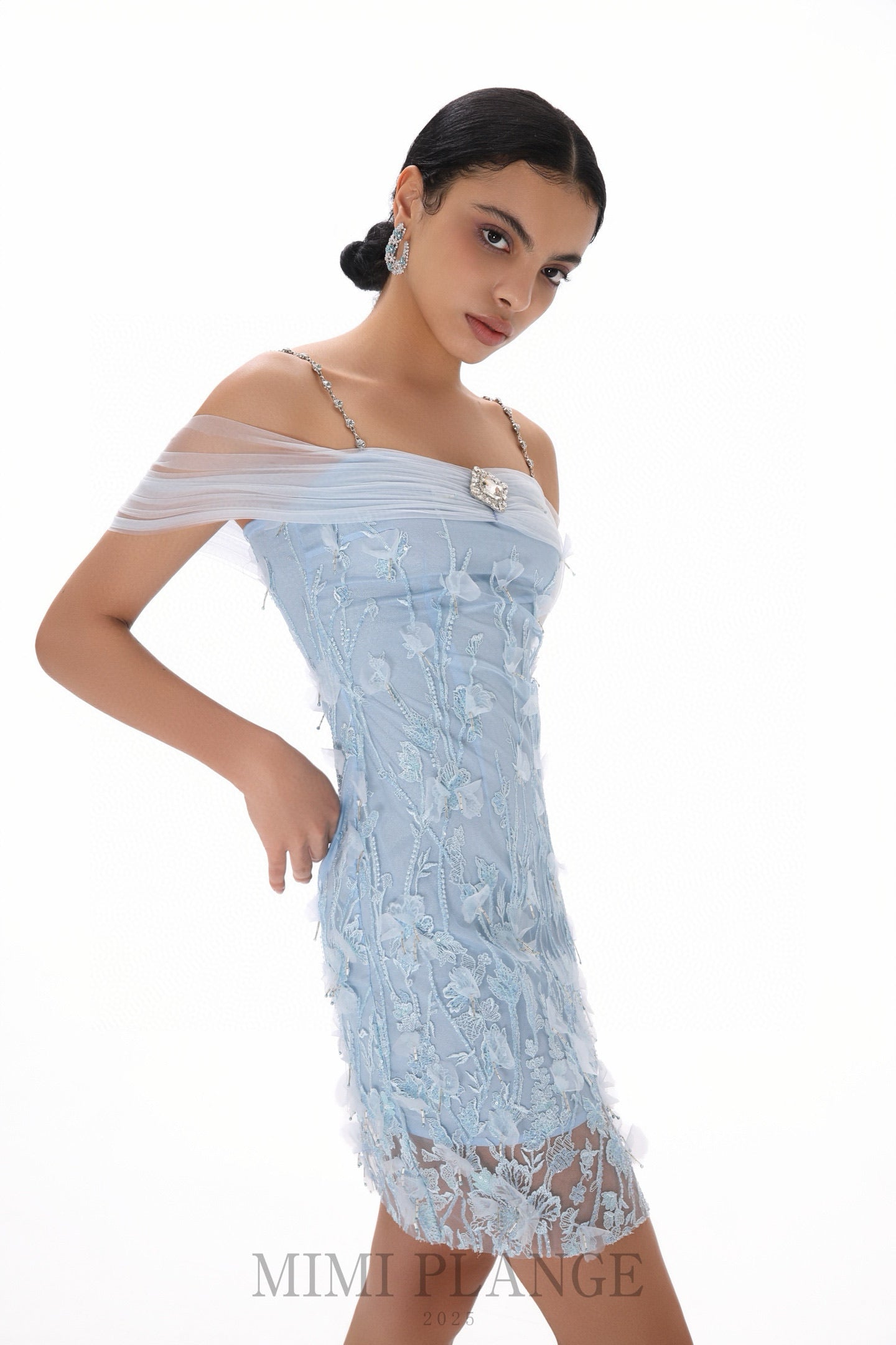MIMI PLANGE Blue Lace One- shoulder Mini Dress
