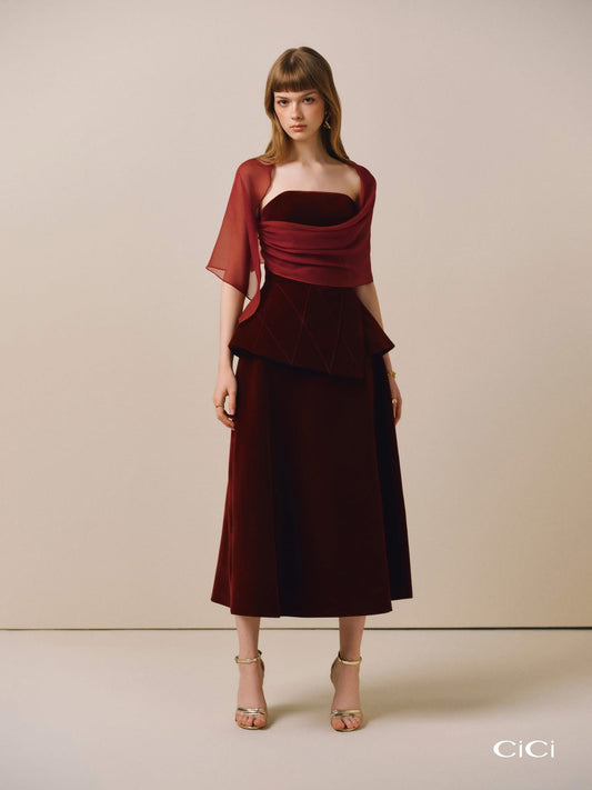 CICI RED & BLACK SCARLOTTE Velvet Midi Dress with Sheer Overlay