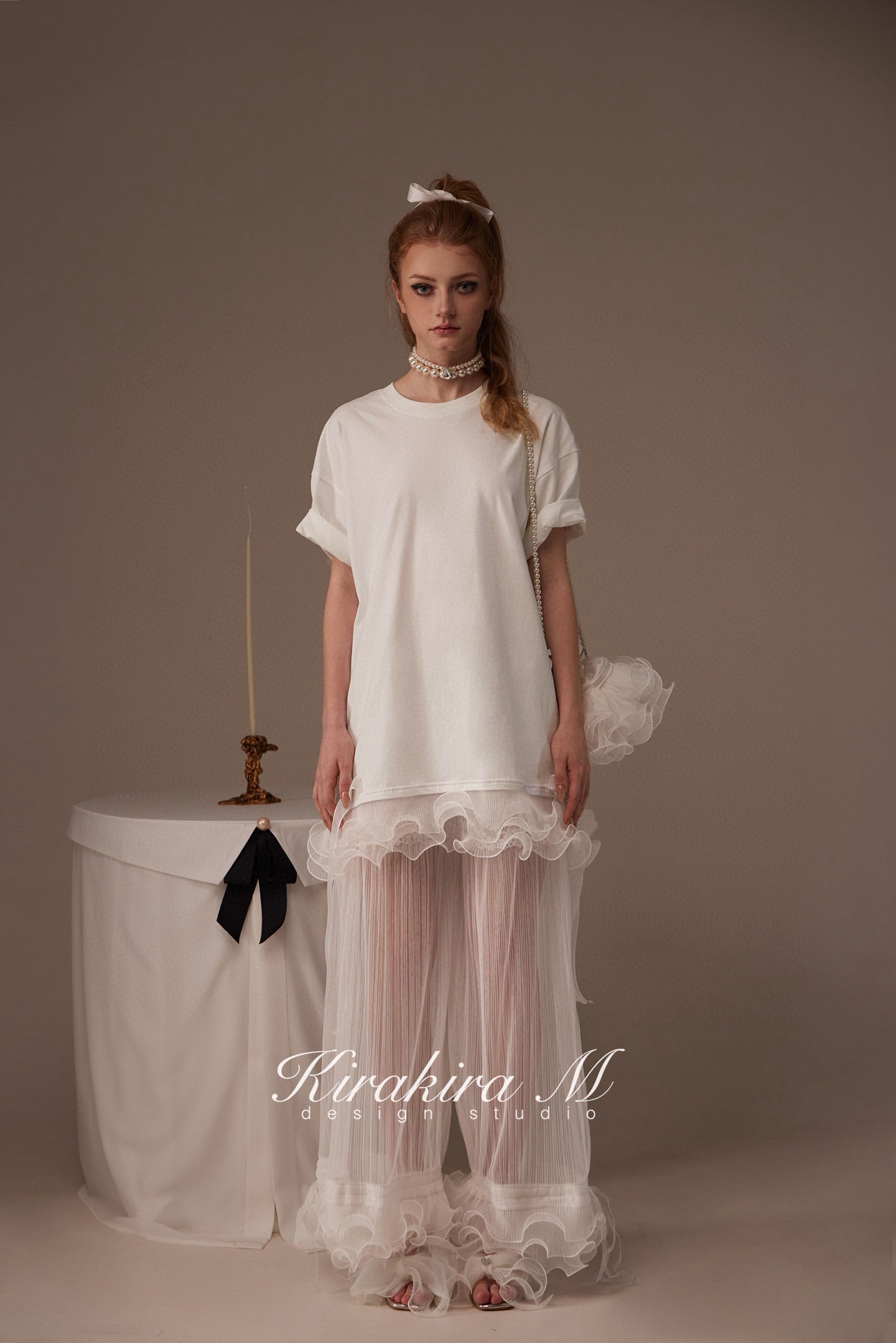 Kirakira M White & Black Bow Top& Lace Shorts& Lace Low Rise Pants