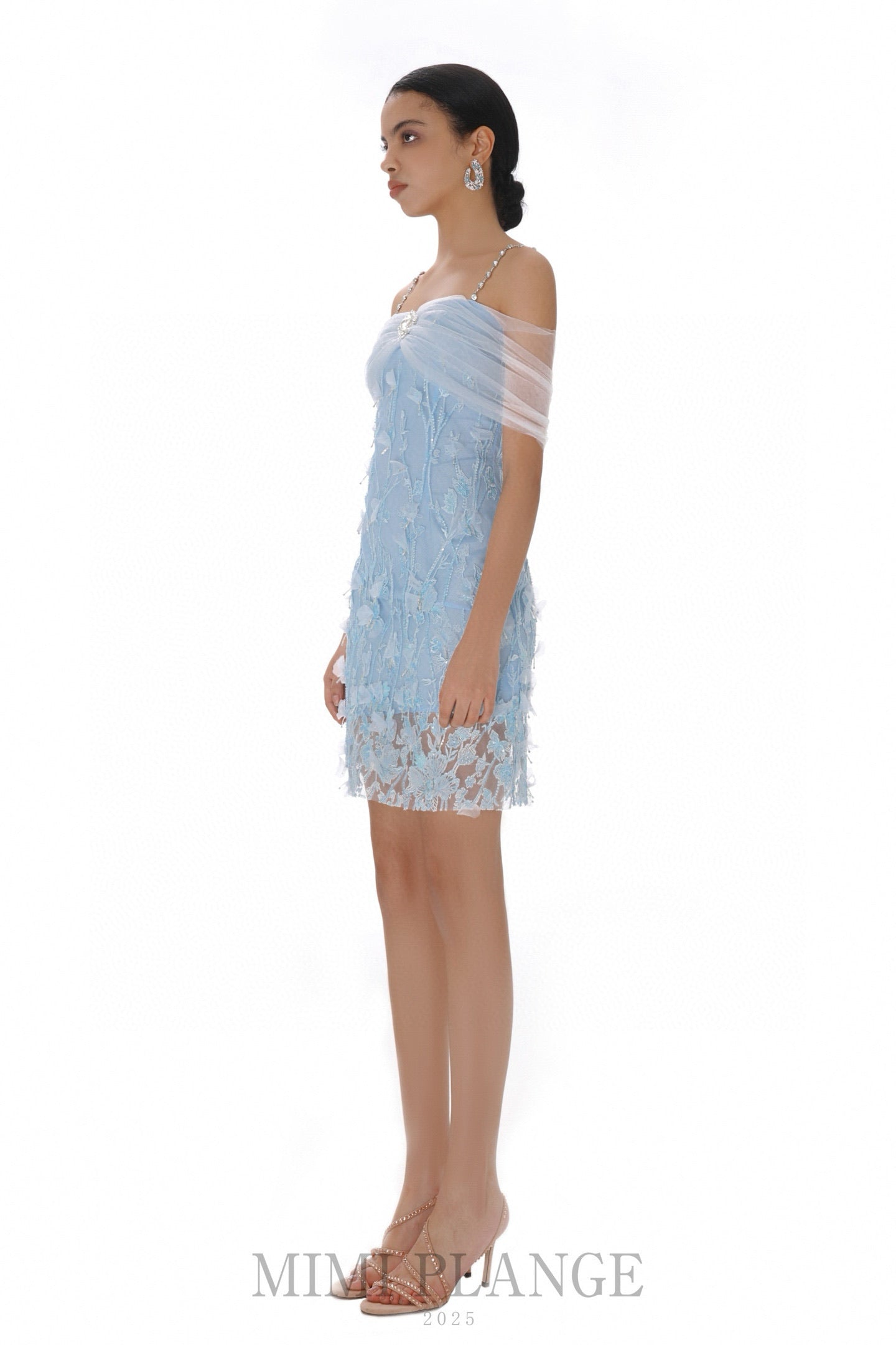 MIMI PLANGE Blue Lace One- shoulder Mini Dress