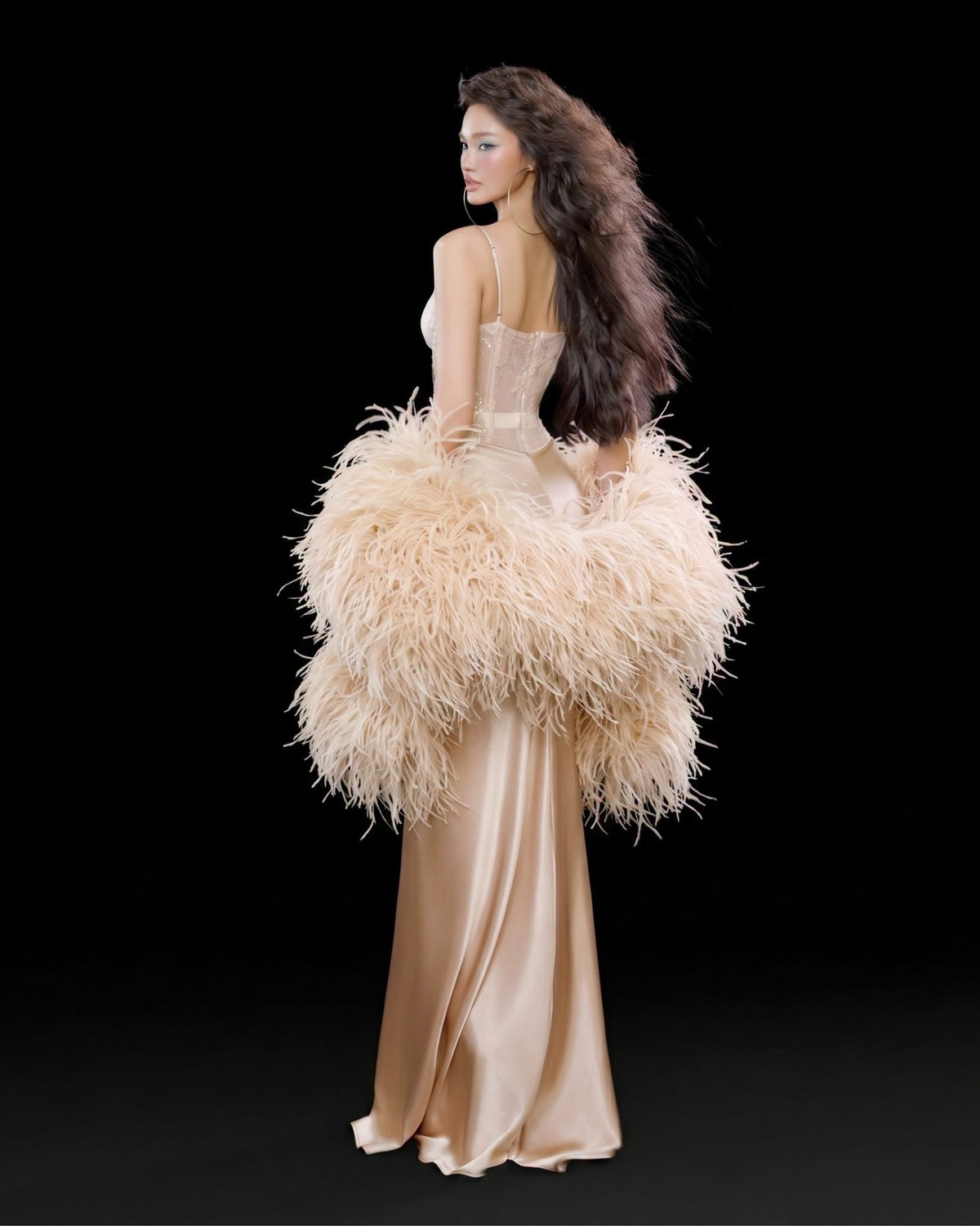 Champagne Lace Corset Satin Twist Trumpet Maxi Dress