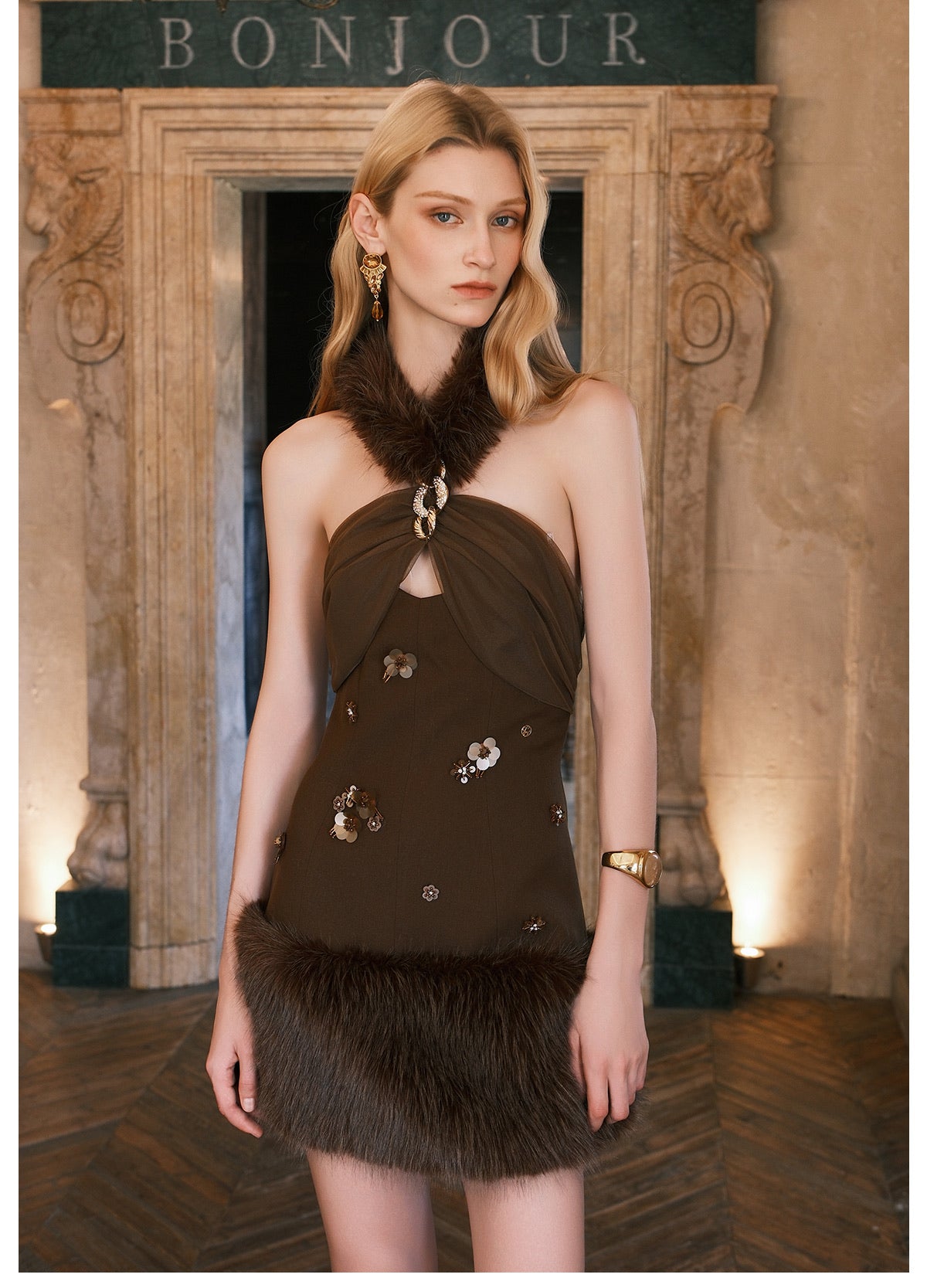 SHEERLUCK Green Vixen Eco-Friendly Fur Neckline Mini Dress & Jacket