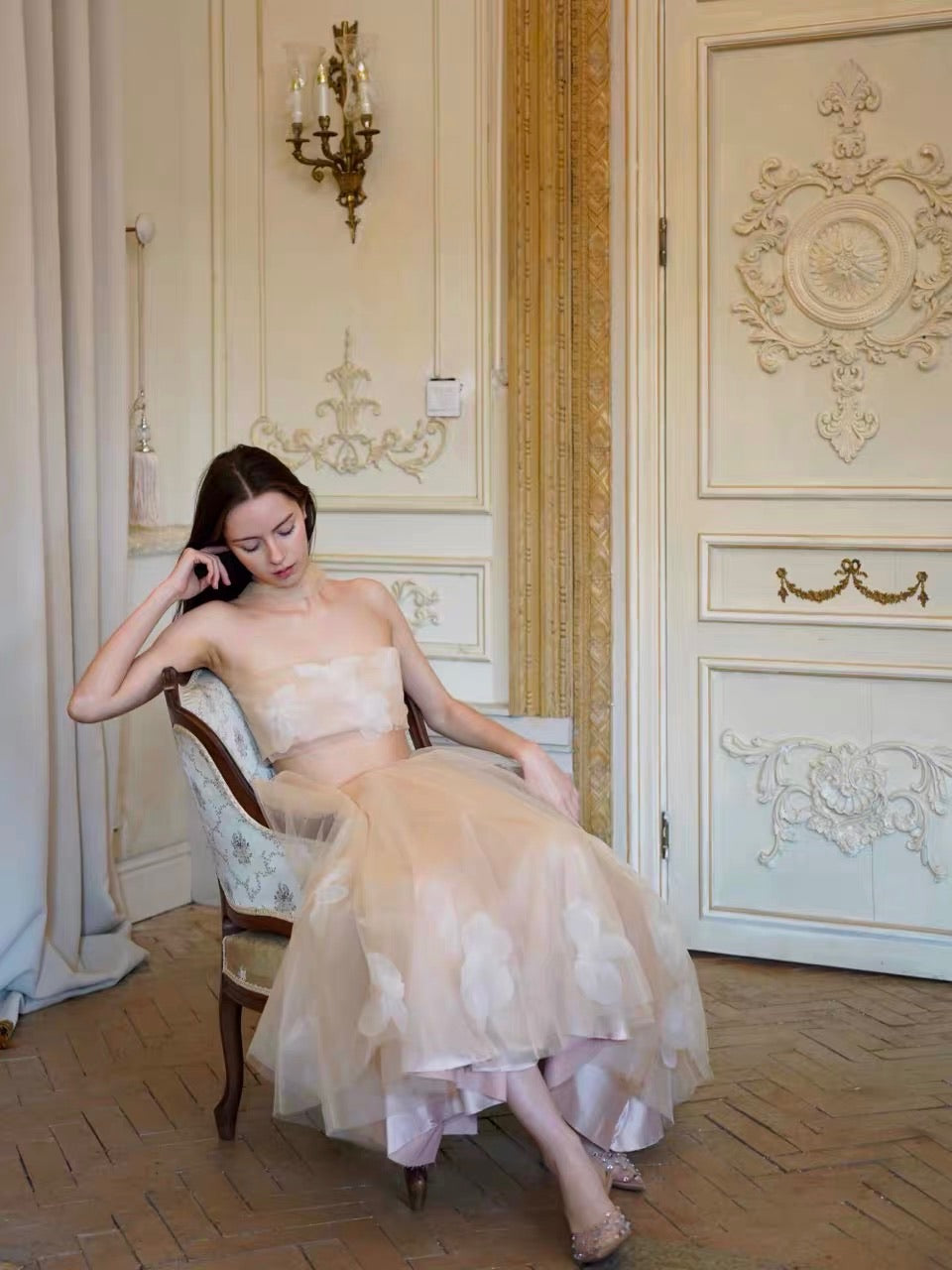 Nude Strapless 3D Floral Tulle Top & Midi Skirt