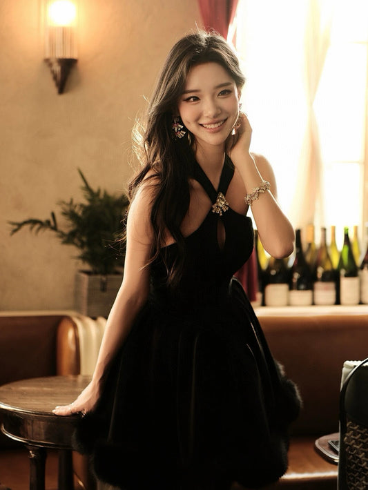 Nana Jacqueline White|Black hanging neck velvet midi dress