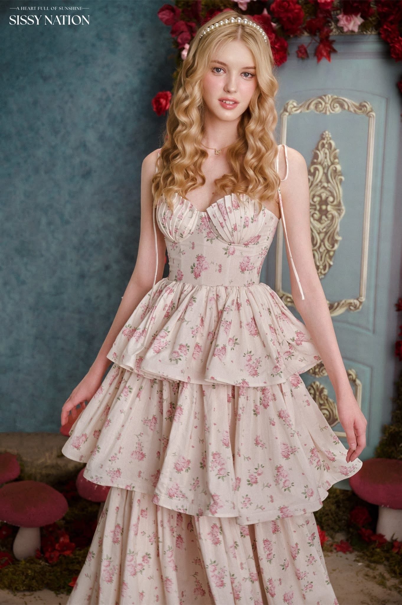 SISSY NATION Pink Floral Our Melody Corset Maxi Dress