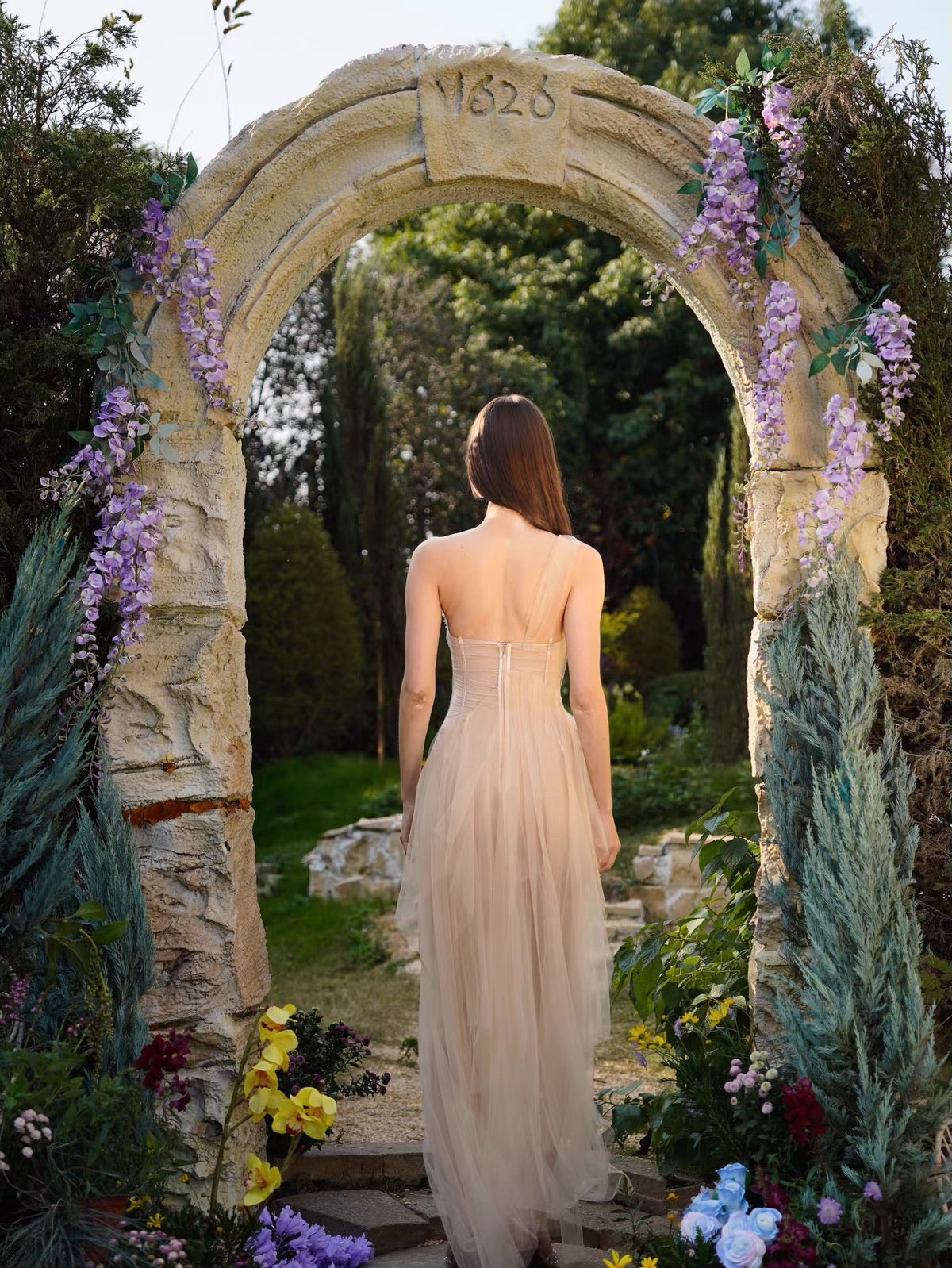 Nude One-Shoulder Beaded Butterfly Tulle Midi Dress