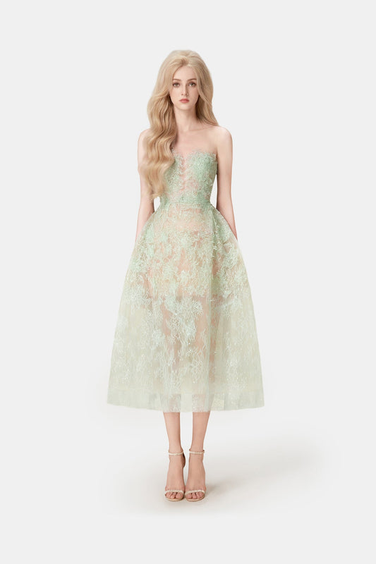 MONTSAND Green Beaded Lace Midi Dress