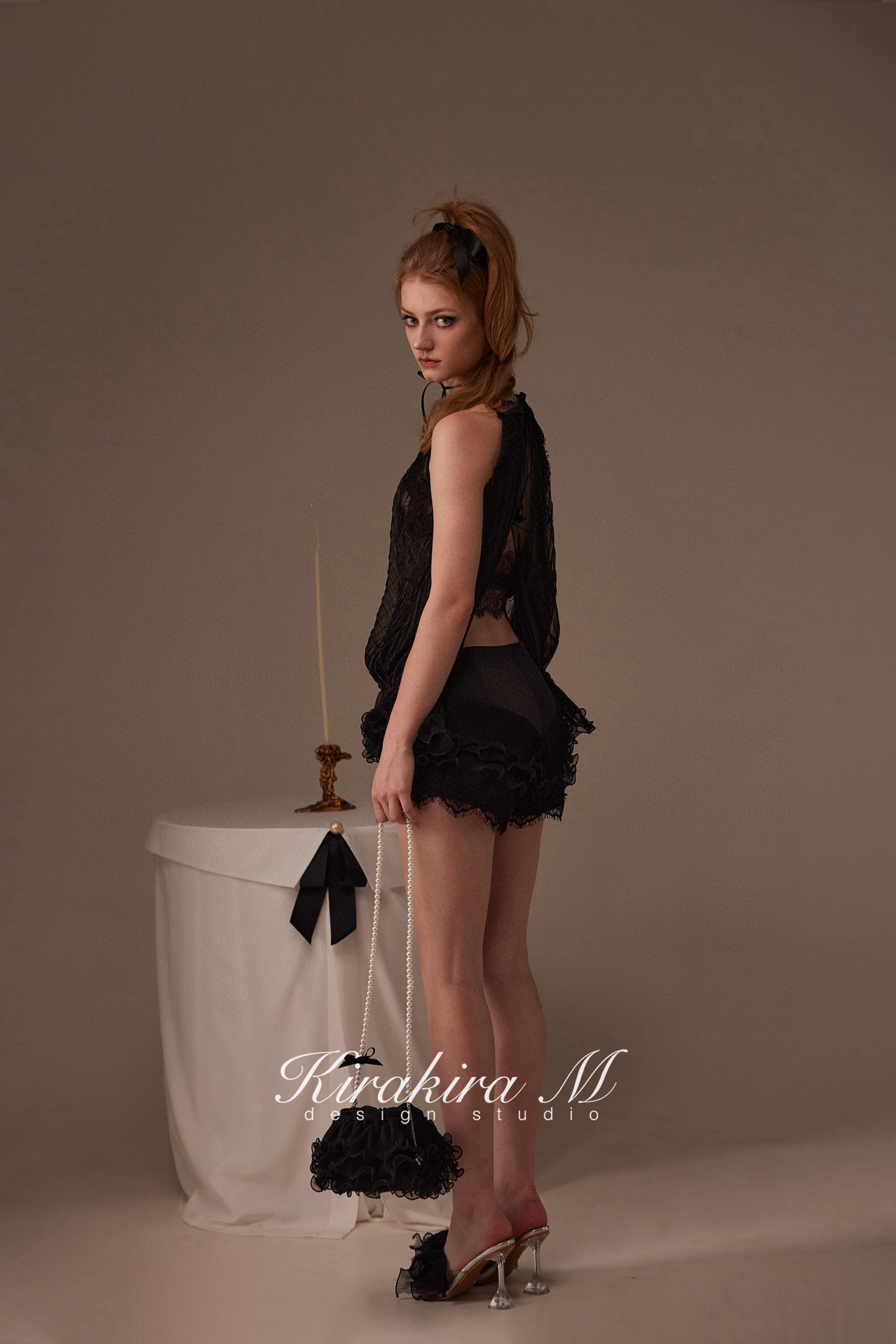 Kirakira M Black Shiny Silk Pleated Lace Hanging Neck Top & Lace Low Rise Trousers & Lace Shorts