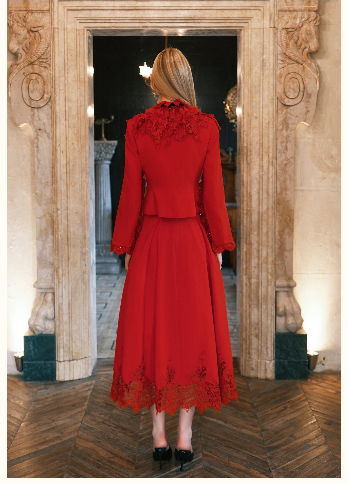 SHEERLUCK Black Mirage Vintage Stand Collar Lace & Diamond-embellished Jacket & Skirt