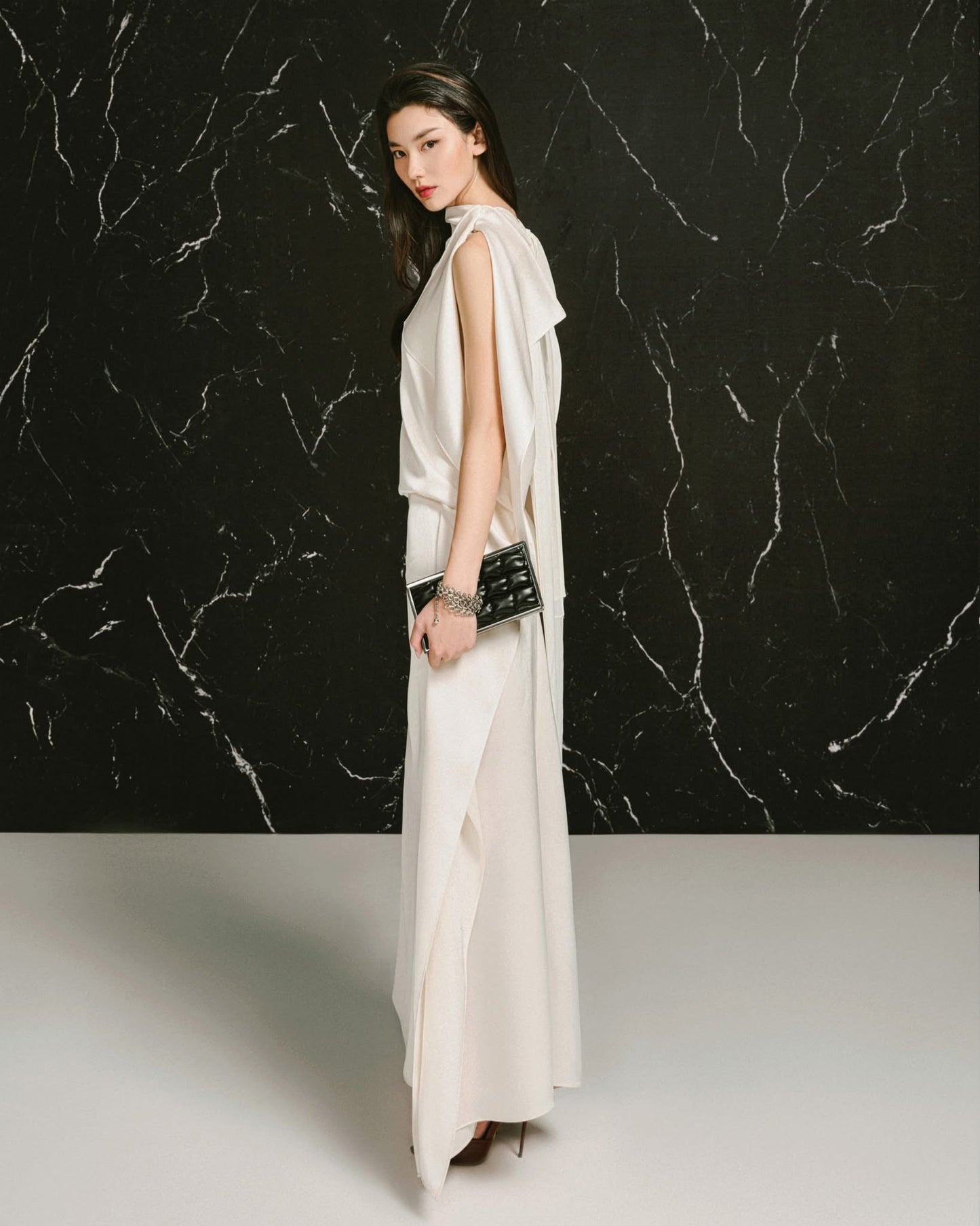 LANE JT Elegant Minimalist White Astra Backless Silk Maxi Dress