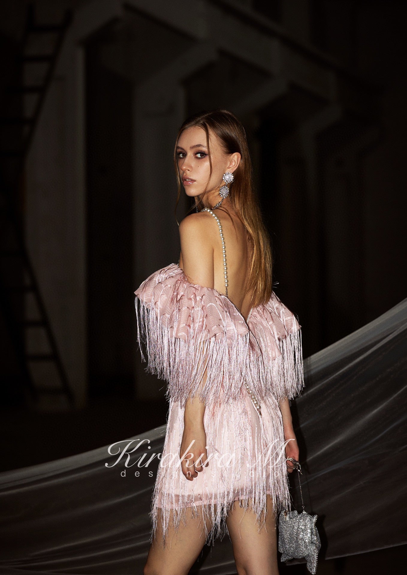 kirakira M Pink Fringed Backless Gown mini Dress