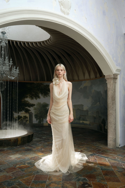 XIANGQIAO SHENG Nude deep v-neck trailing misty pink gown maxi Dress