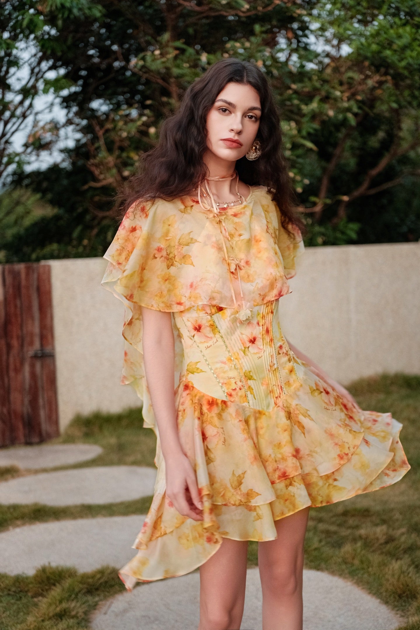 SHEERLUCK Sweet Vacation White Soffio Chiffon Printed Flowy Mini Dress