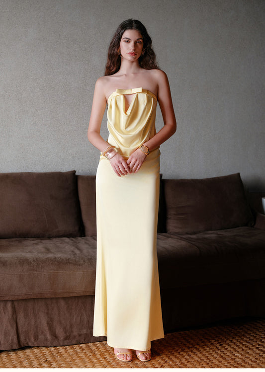 SheerLuck White & Yellow Aurelia Double-sided Satin Bustier Bow Backless Maxi Dress