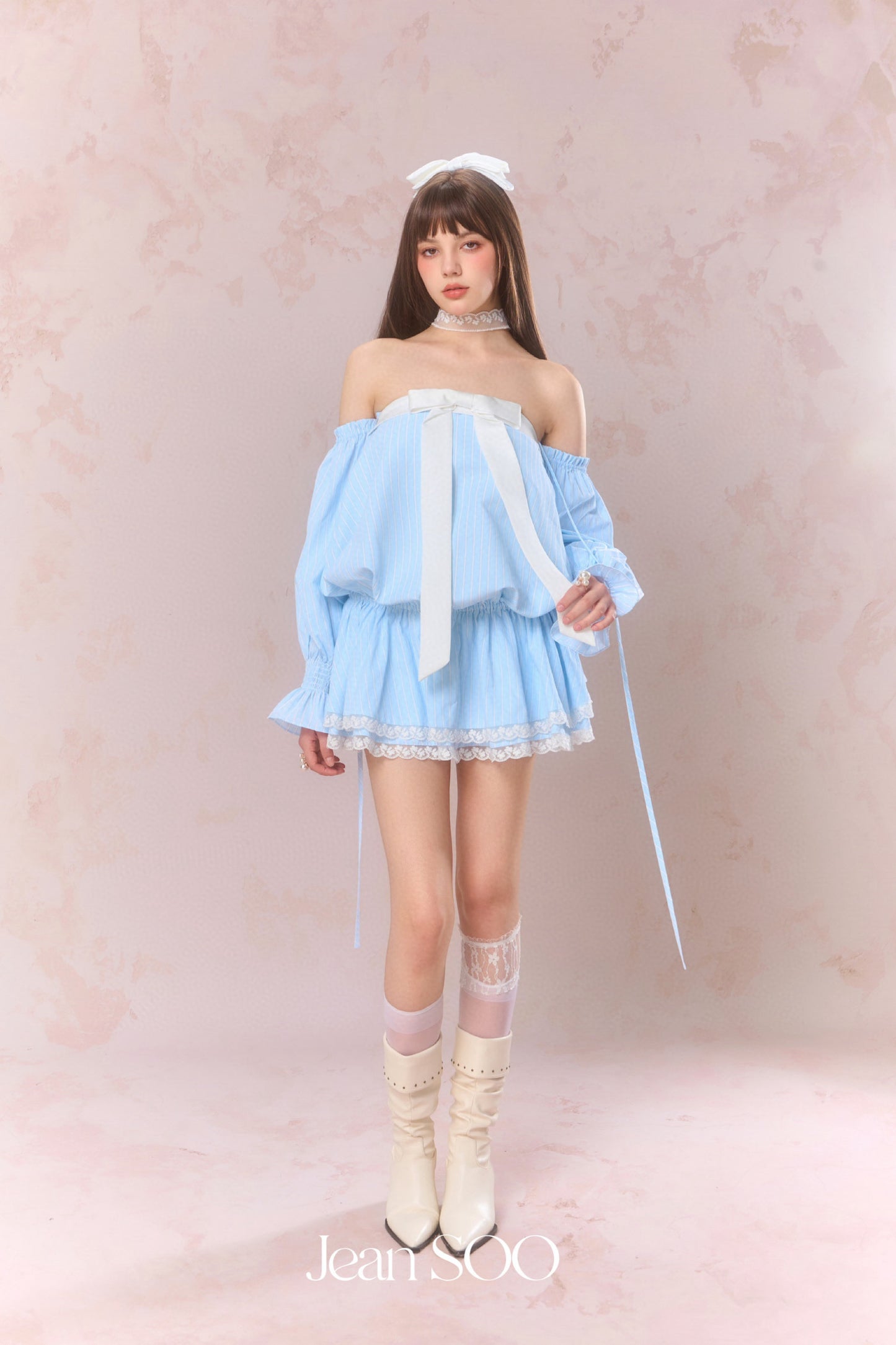 JEAN SOO Blue Studded Diamonds Strapless Low Waist Shirt Mini Dress