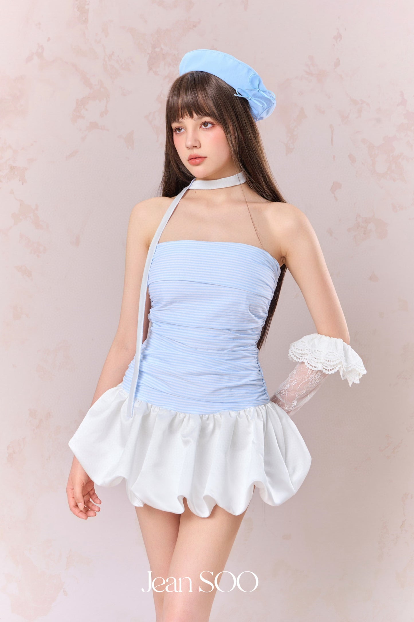JEAN SOO Blue Drawstring Ruffle Pod Mini Dress
