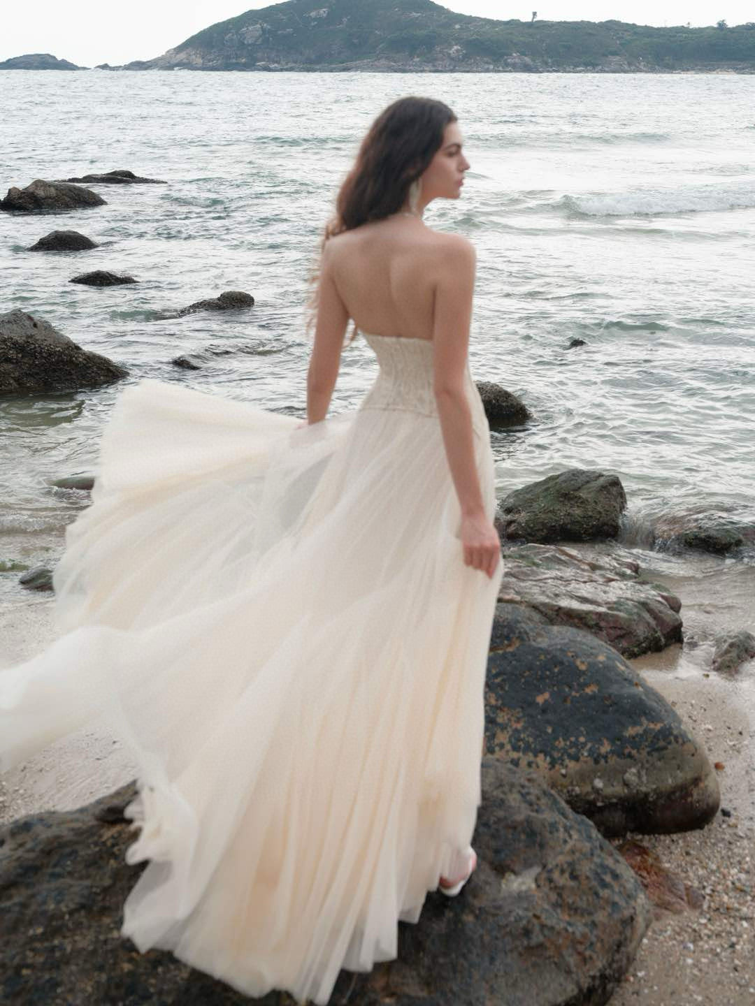 SHEERLUCK White& Pink Wave Lace Fishbone Maxi Dress