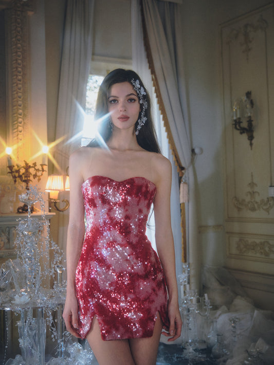 Chengchengling Red Smudged Sequin Mini Dress