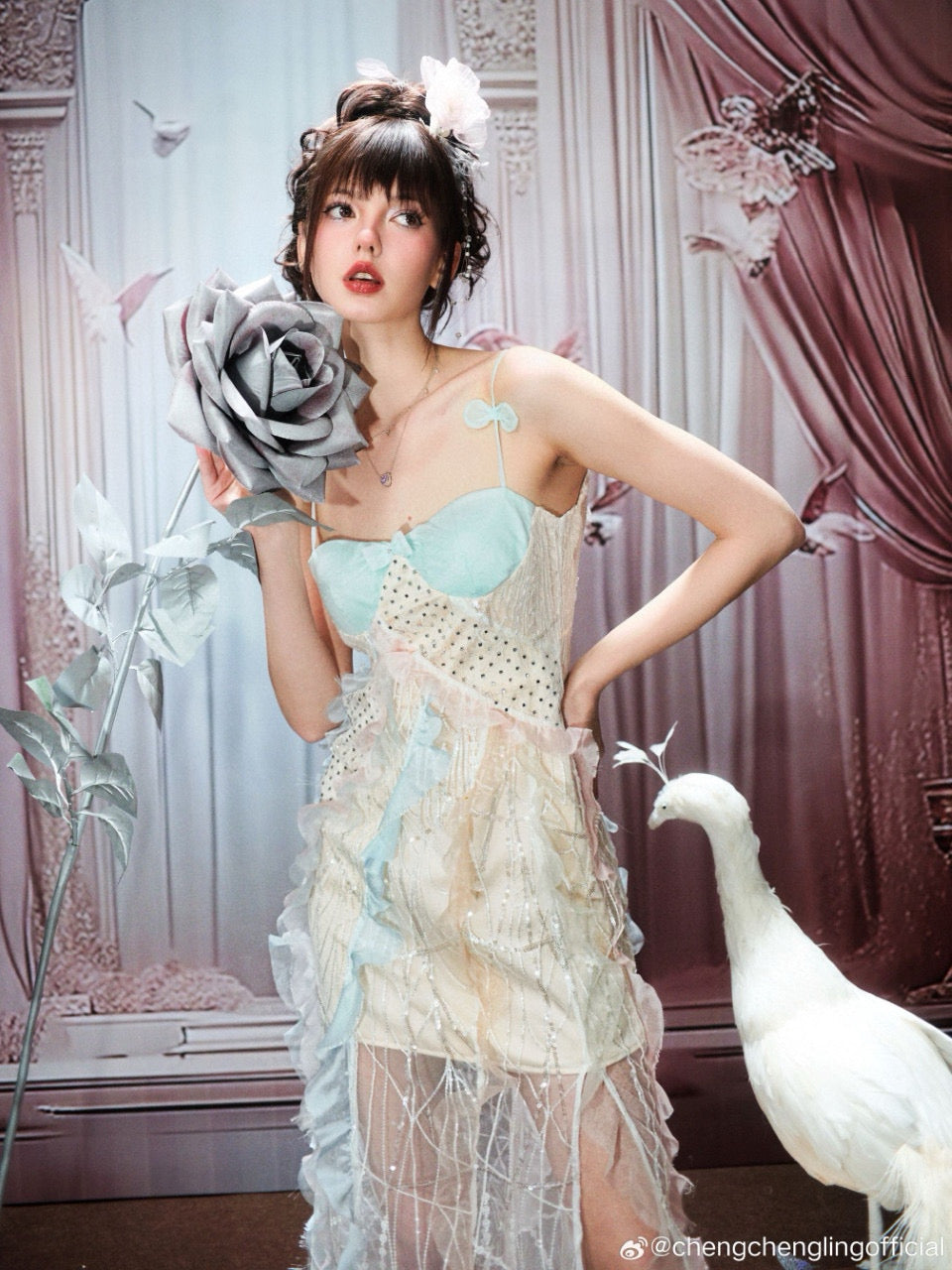 Chengchengling Blue and yellow Lace Midi Dress