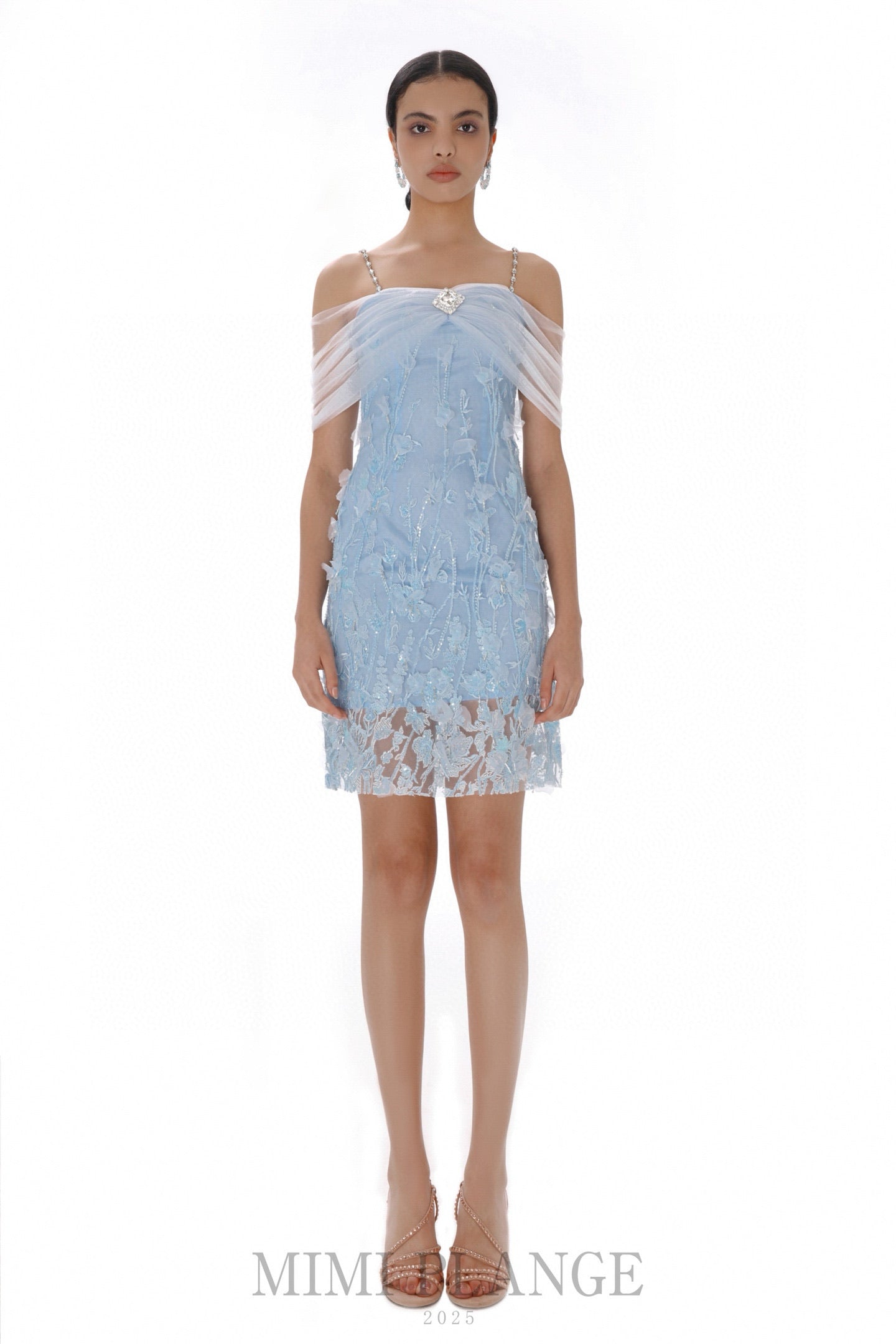 MIMI PLANGE Blue Lace One- shoulder Mini Dress