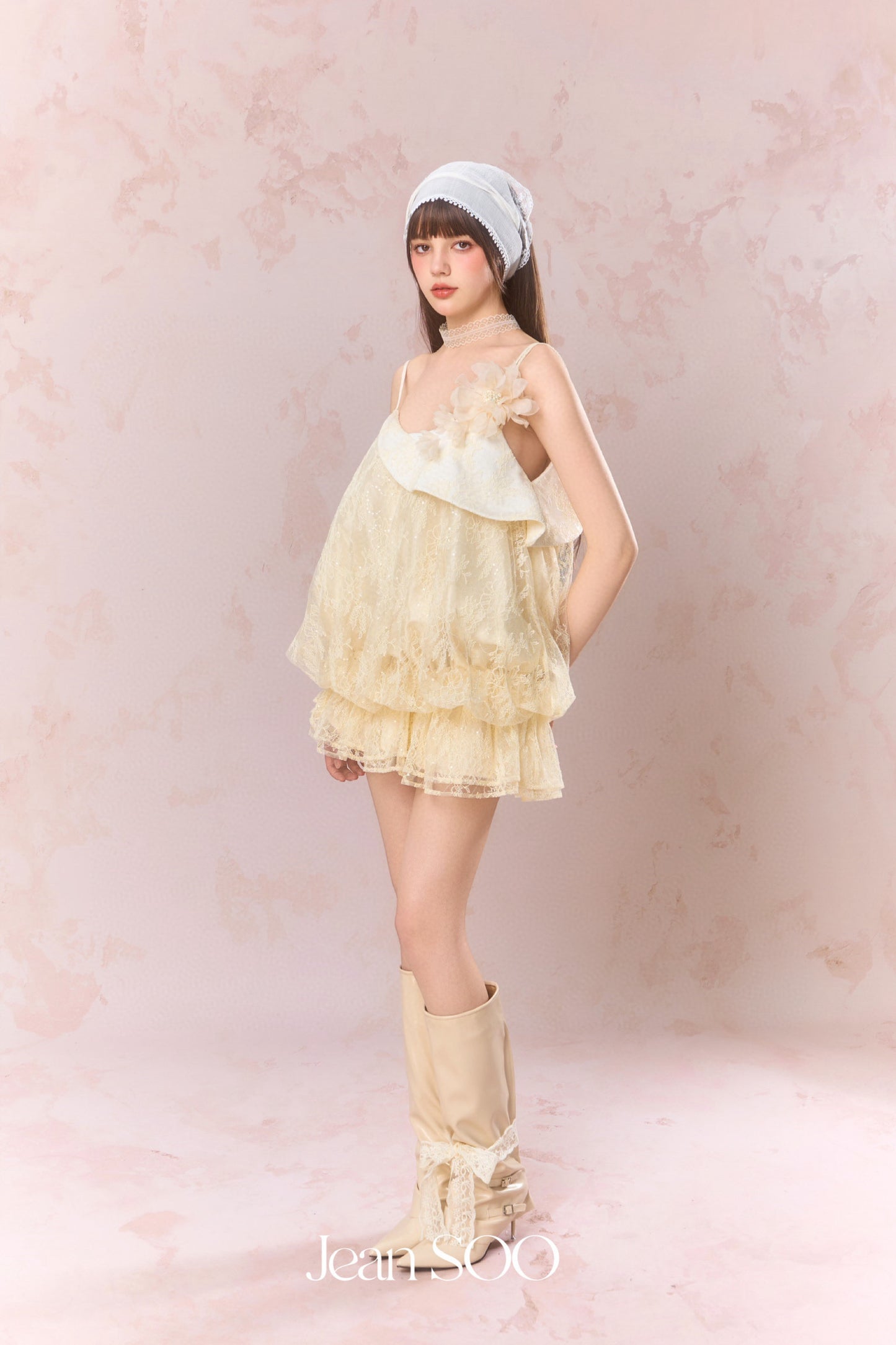 JEAN SOO Yellow Lace Flower Mini Dress