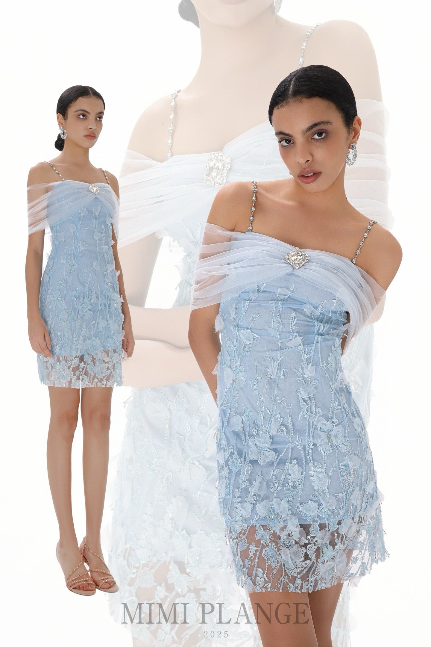 MIMI PLANGE Blue Lace One- shoulder Mini Dress