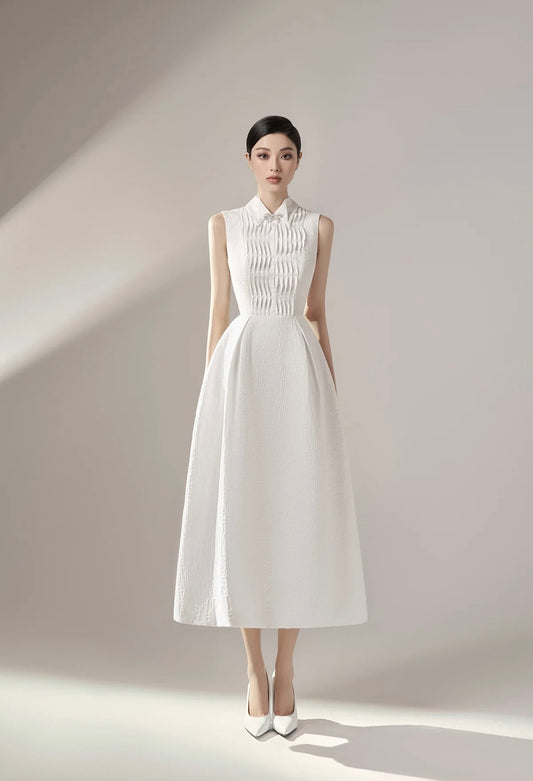 Raffiné White Poliana Cross Stitched Tucked Midi Dress