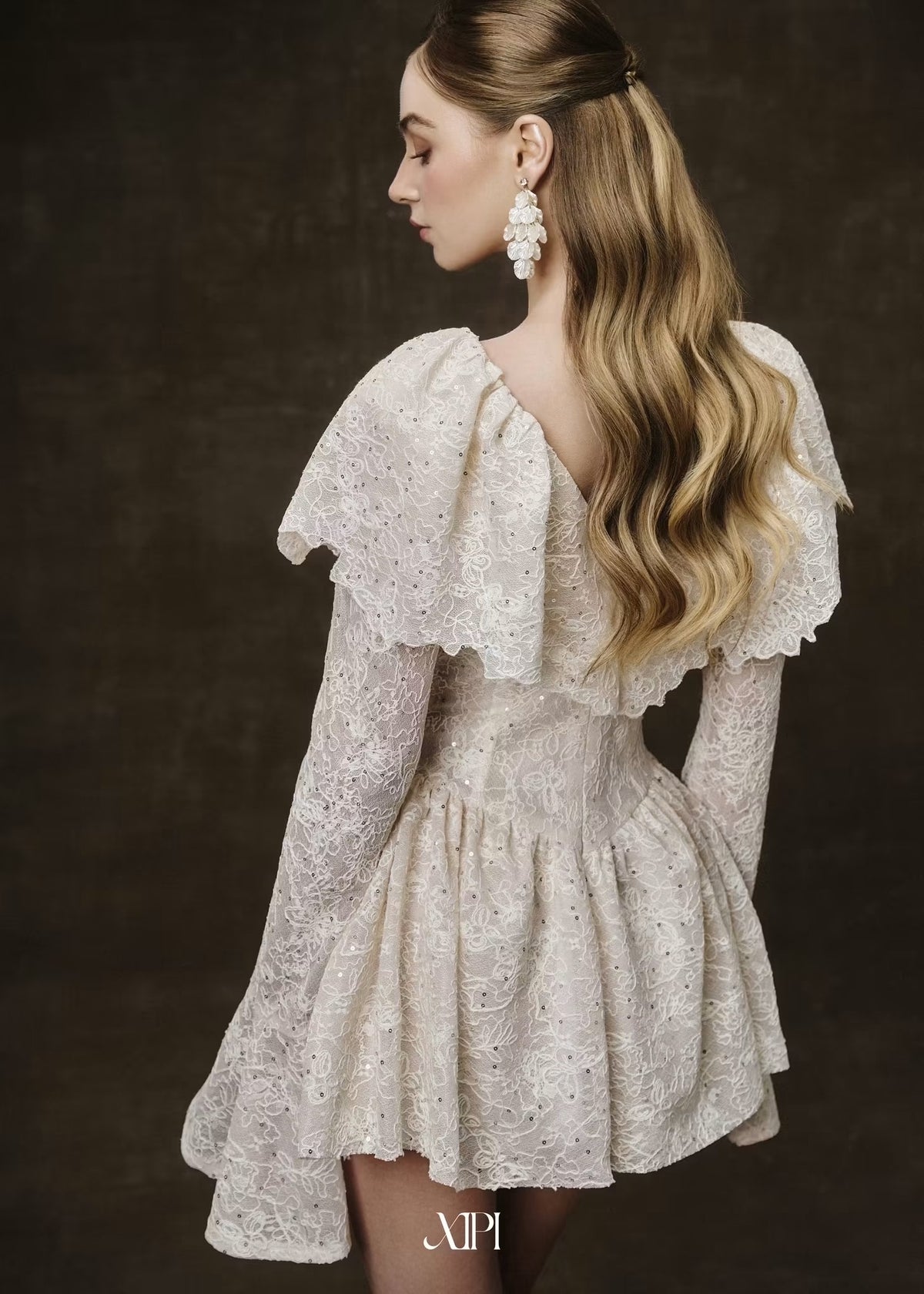 White Long-Sleeve Lace Flared Anya Mini Dress