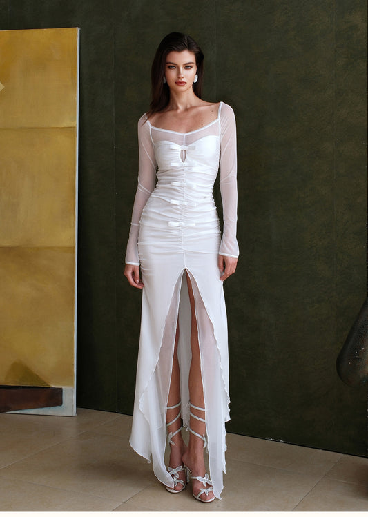 SheerLuck White & Nude & Pink SeeThru High Split Long Sleeve Bow Maxi Dress