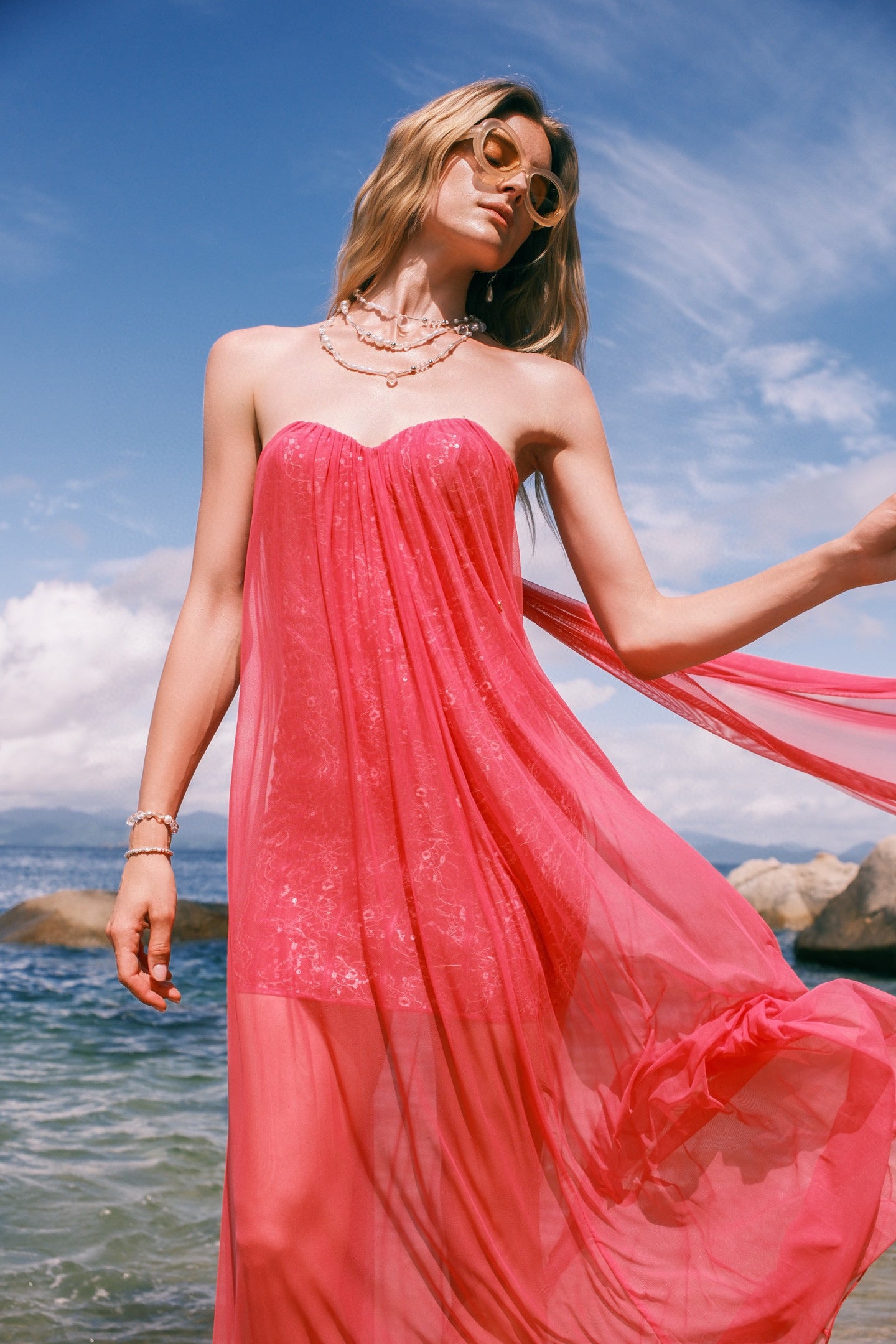 SHEERLUCK RED MAXI VACATION DRESS